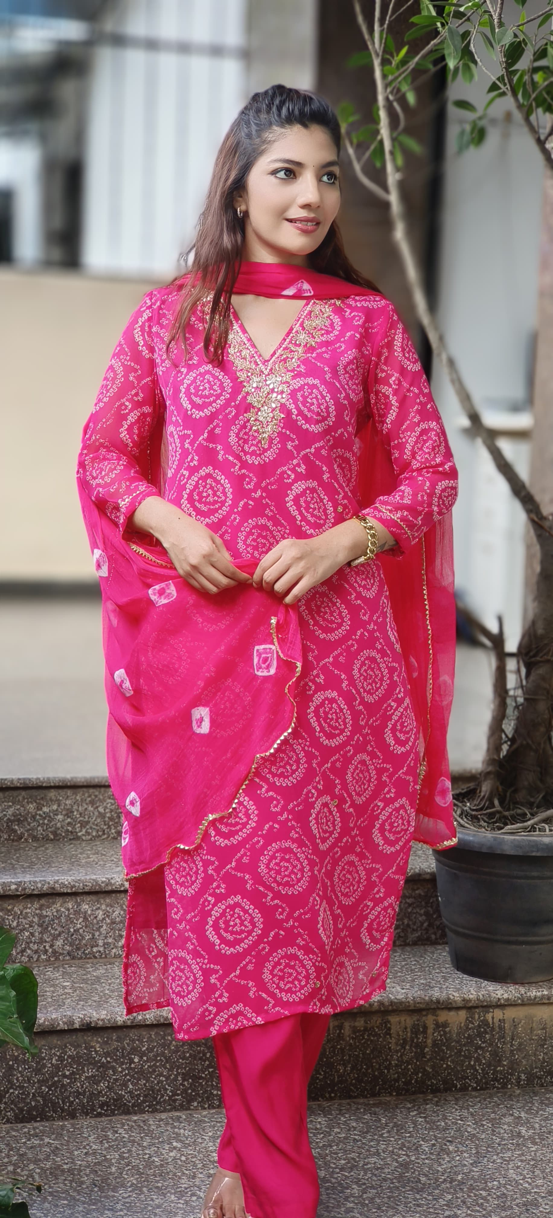Bandhej V-Neck Handwork Full Suit Set With Dupatta In Georgette Fabric- 10102