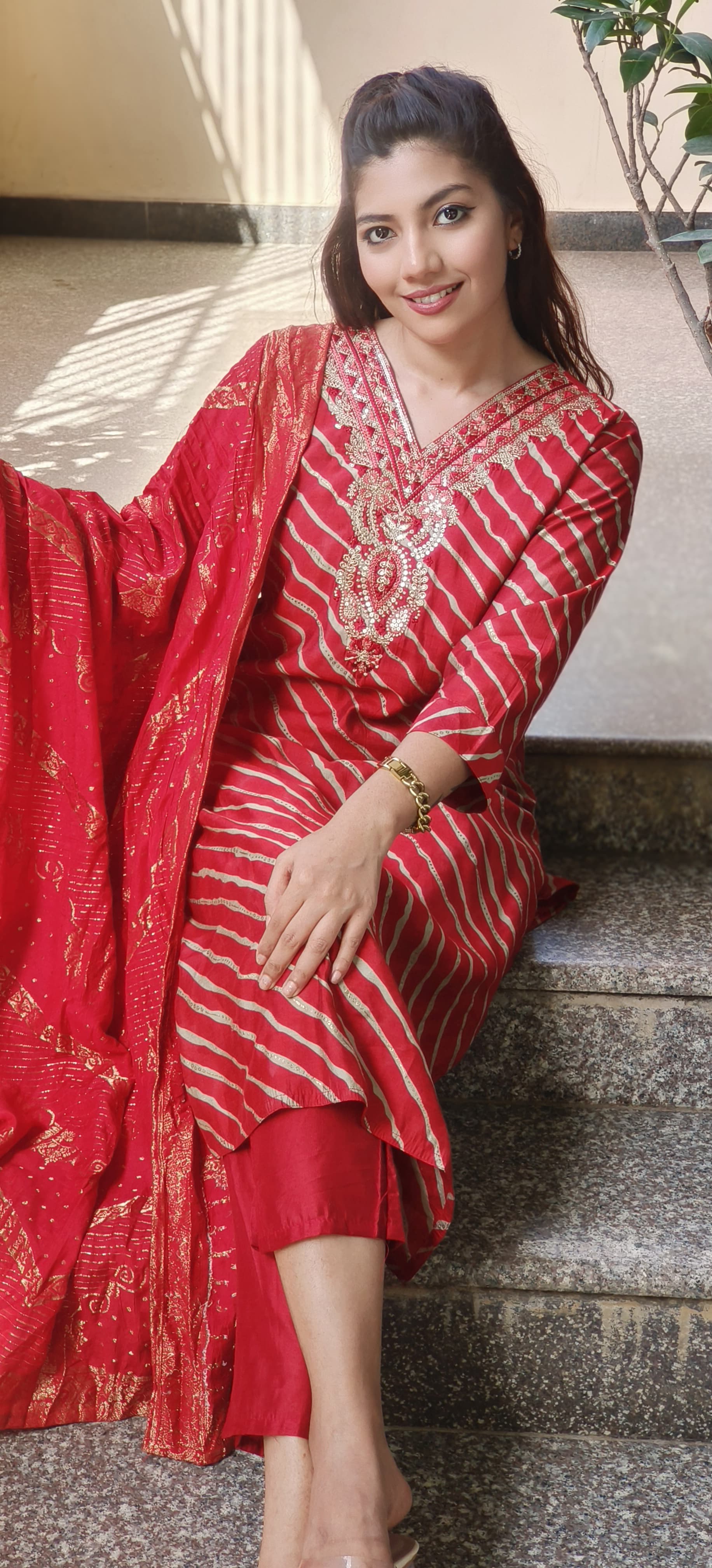 Mudal Muslin lehriya Print Embroidered Neck Full set-10274,10273