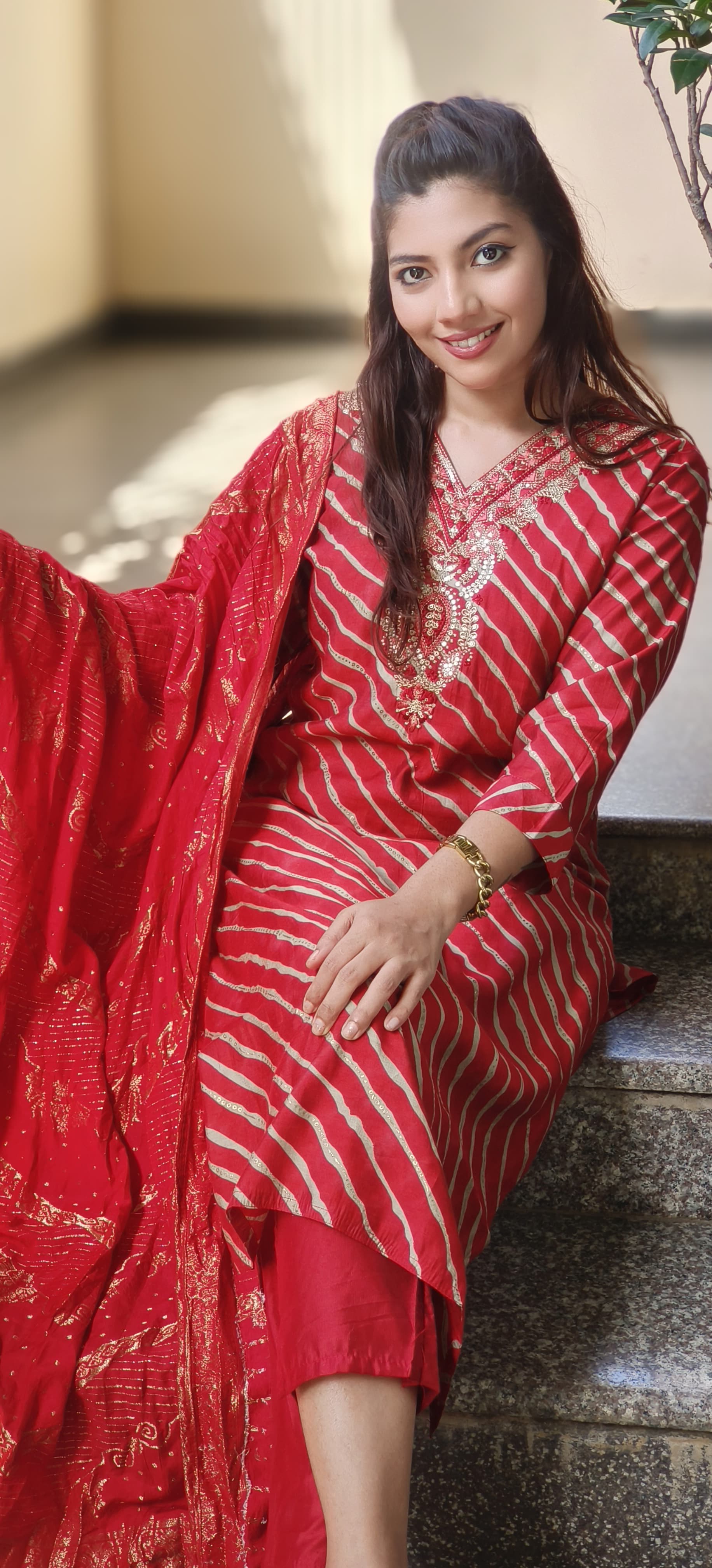 Mudal Muslin lehriya Print Embroidered Neck Full set-10274,10273
