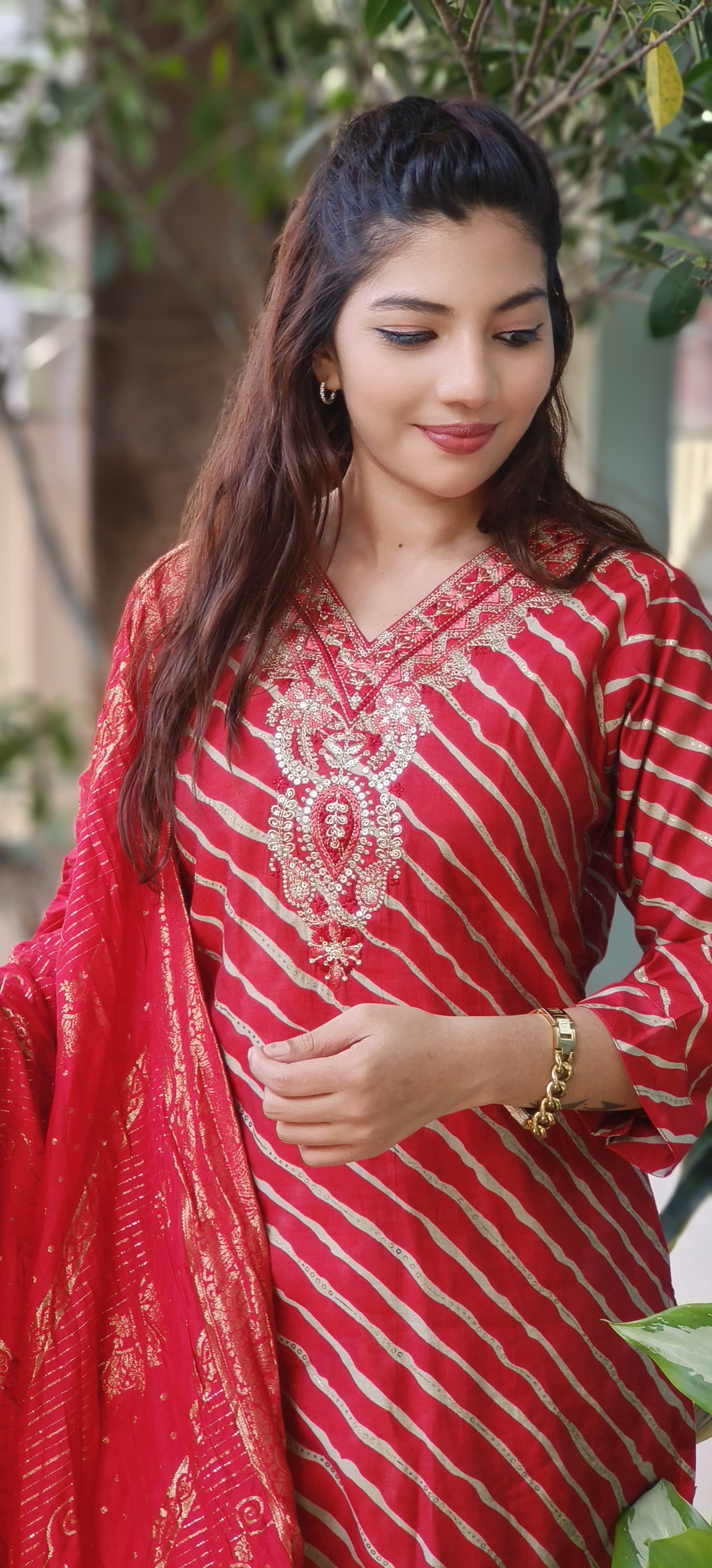 Mudal Muslin lehriya Print Embroidered Neck Full set-10274,10273