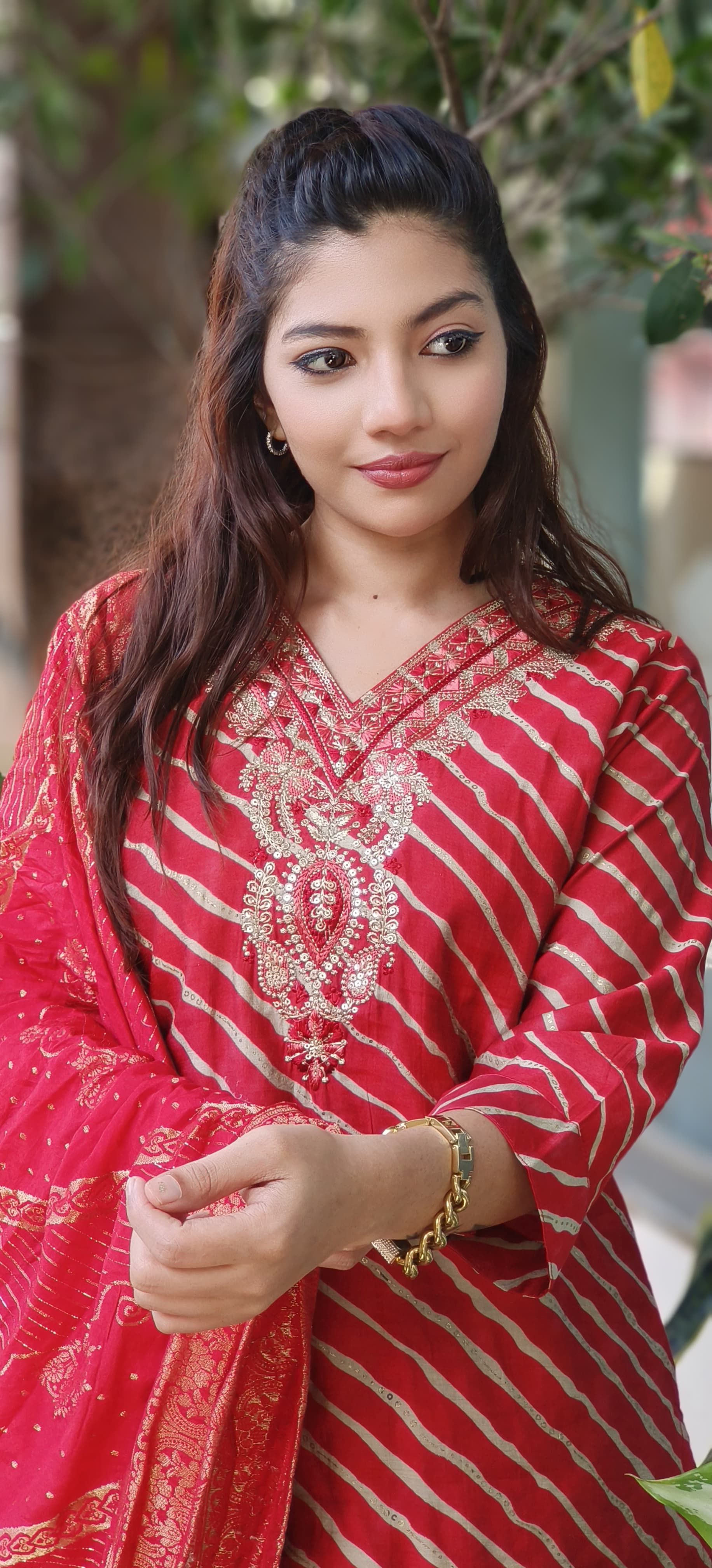 Mudal Muslin lehriya Print Embroidered Neck Full set-10274,10273
