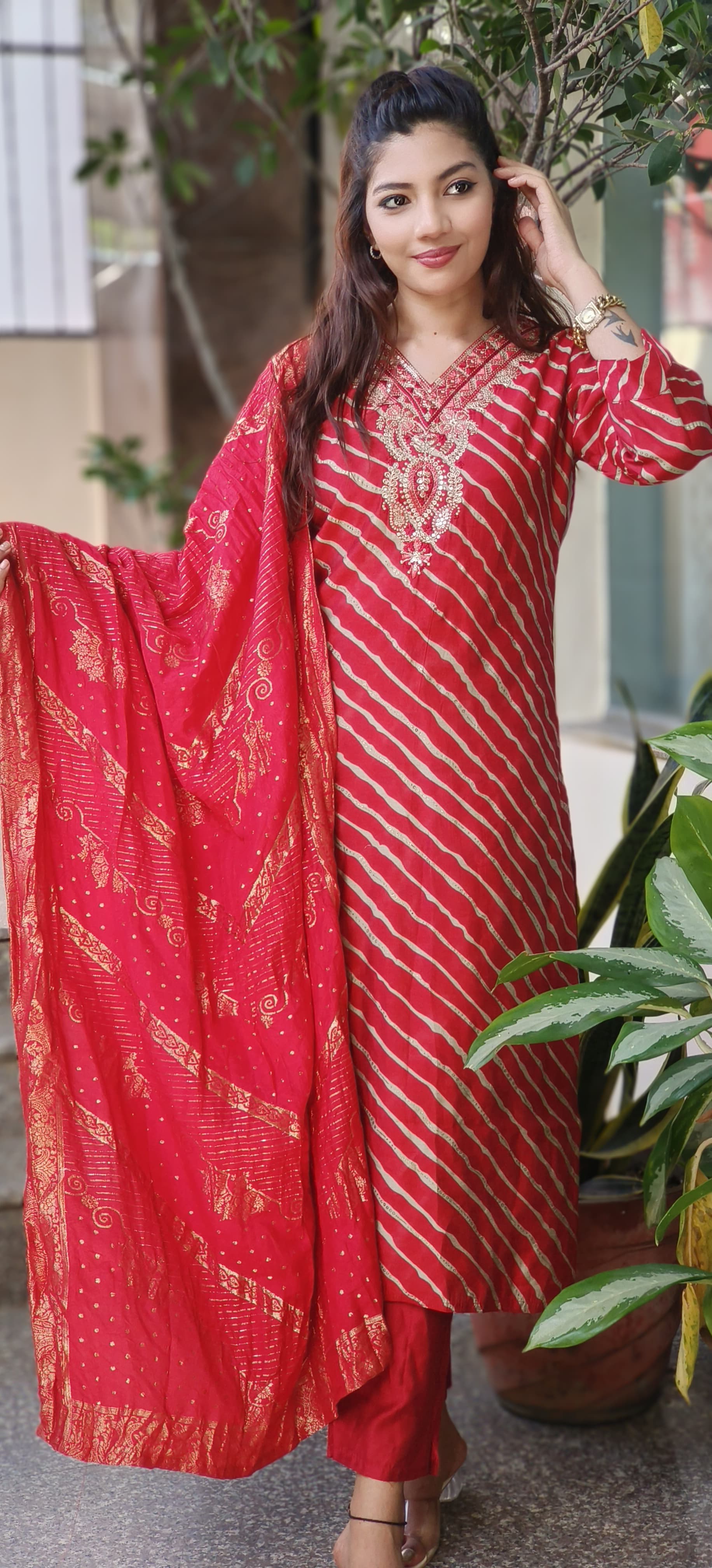 Mudal Muslin lehriya Print Embroidered Neck Full set-10274,10273