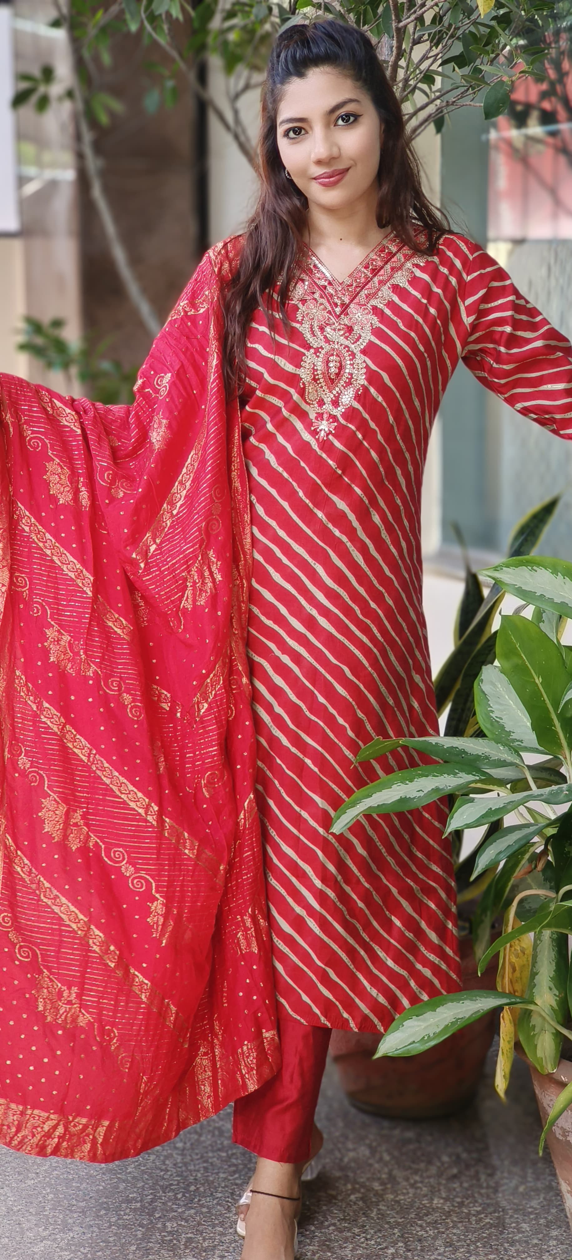 Mudal Muslin lehriya Print Embroidered Neck Full set-10274,10273