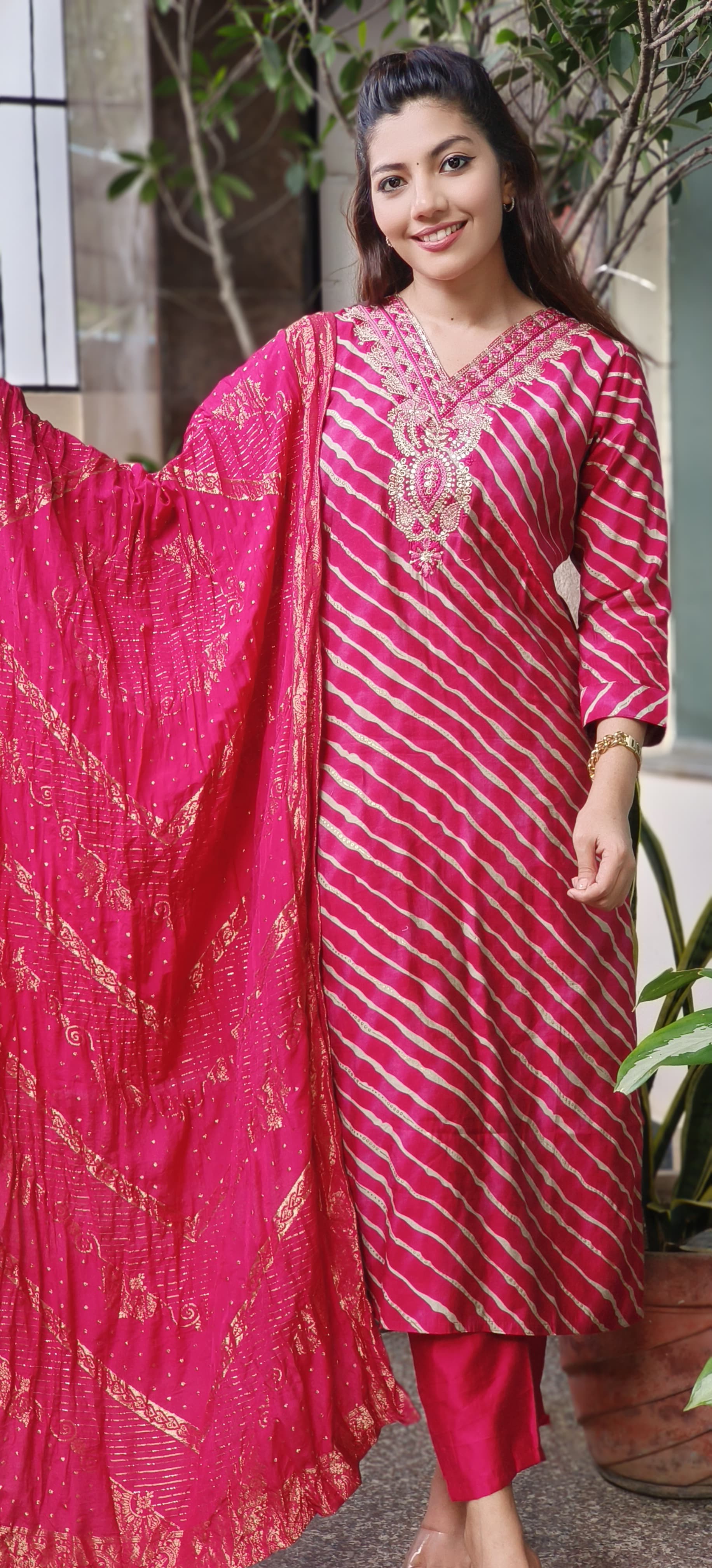 Mudal Muslin lehriya Print Embroidered Neck Full set-10274,10273