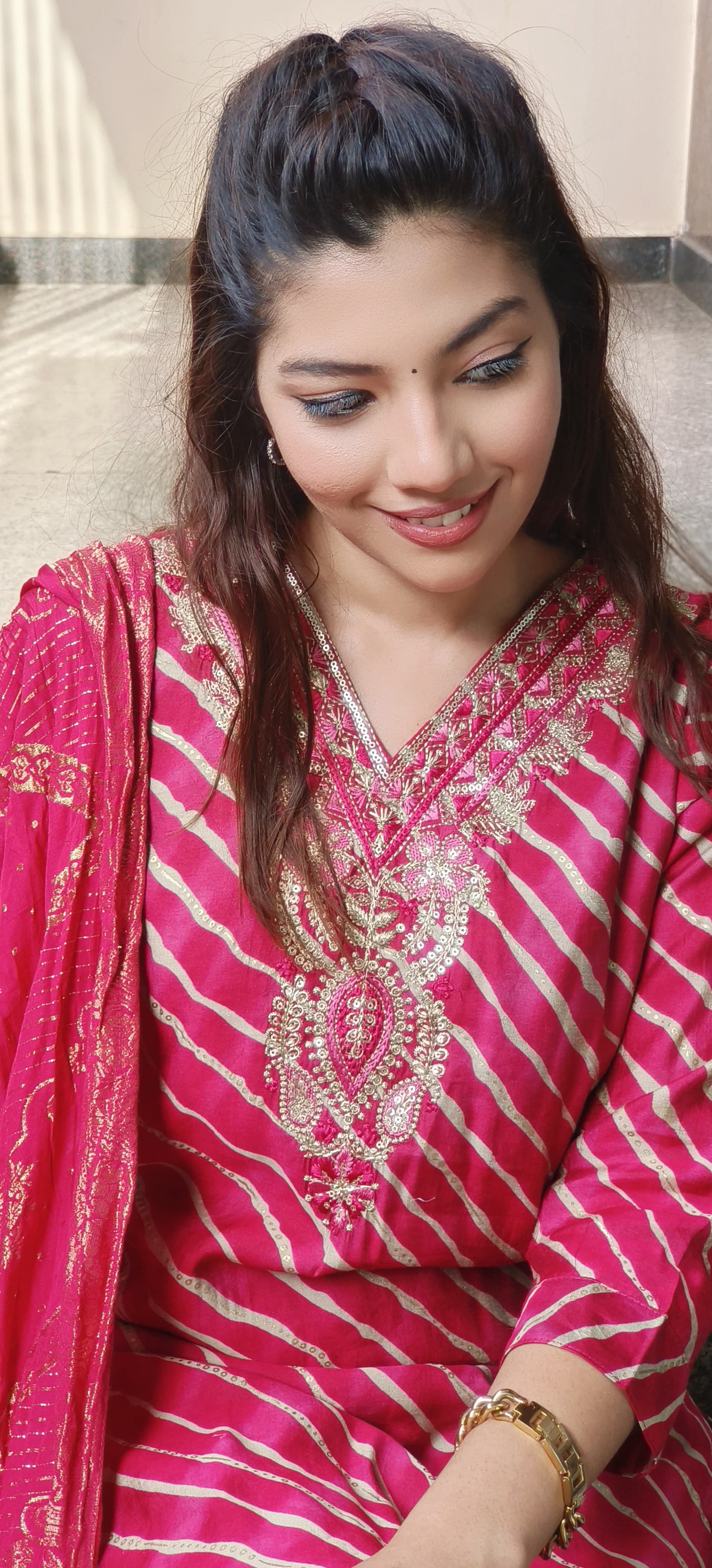 Mudal Muslin lehriya Print Embroidered Neck Full set-10274,10273