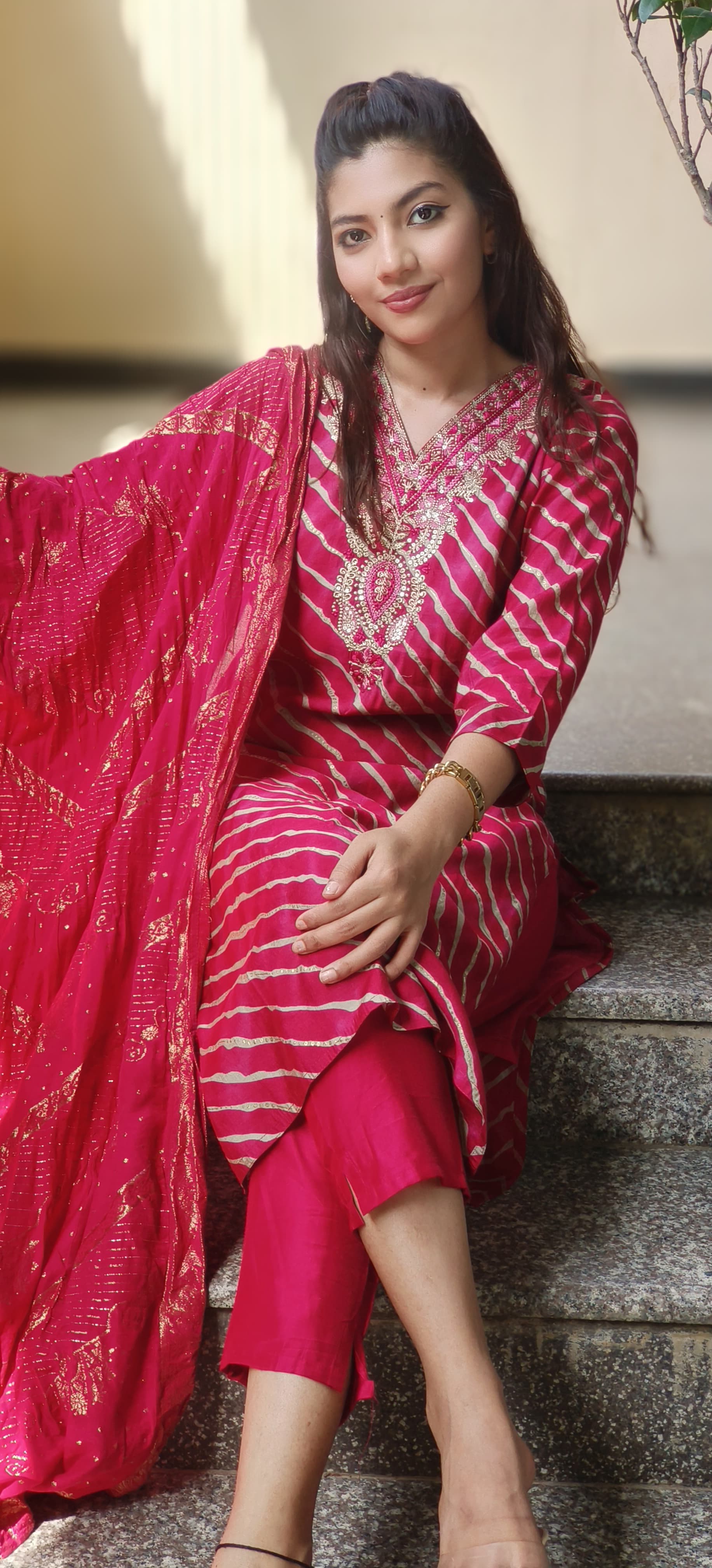 Mudal Muslin lehriya Print Embroidered Neck Full set-10274,10273