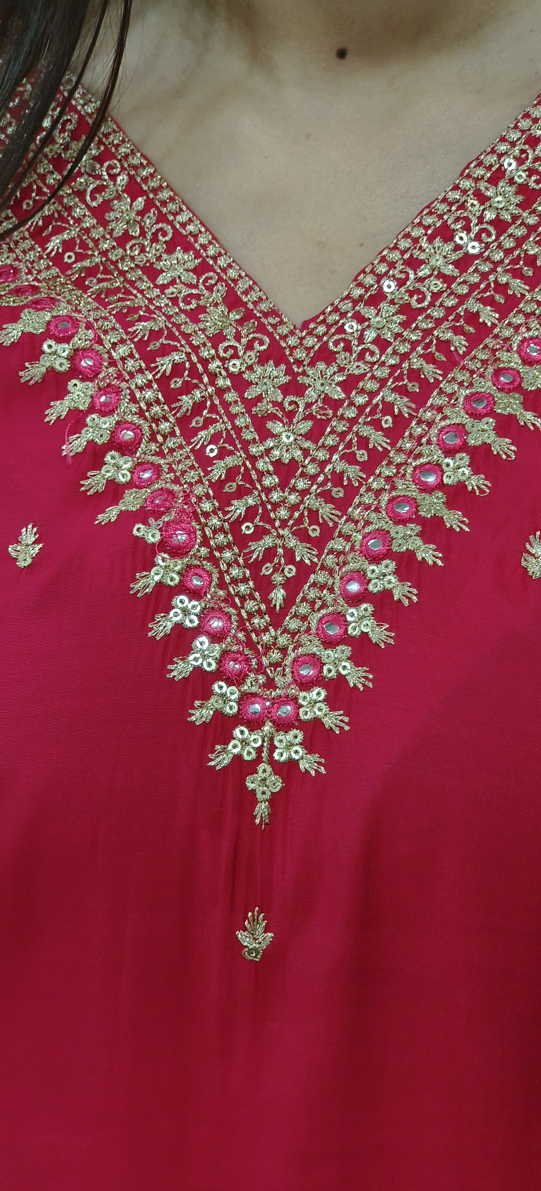 Embroidered V-Neck Bright Color Kurta Pant And Dupatta