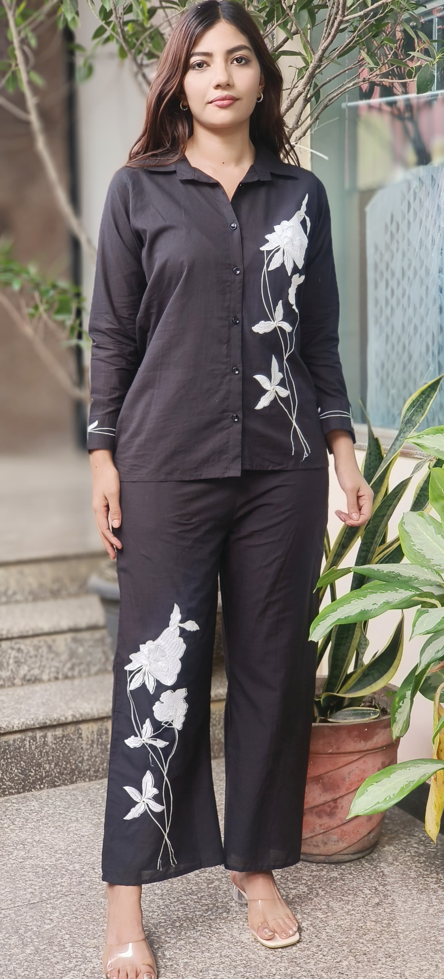 Floral Thread Work Solid Co-Ord Set In Cotton Fabric