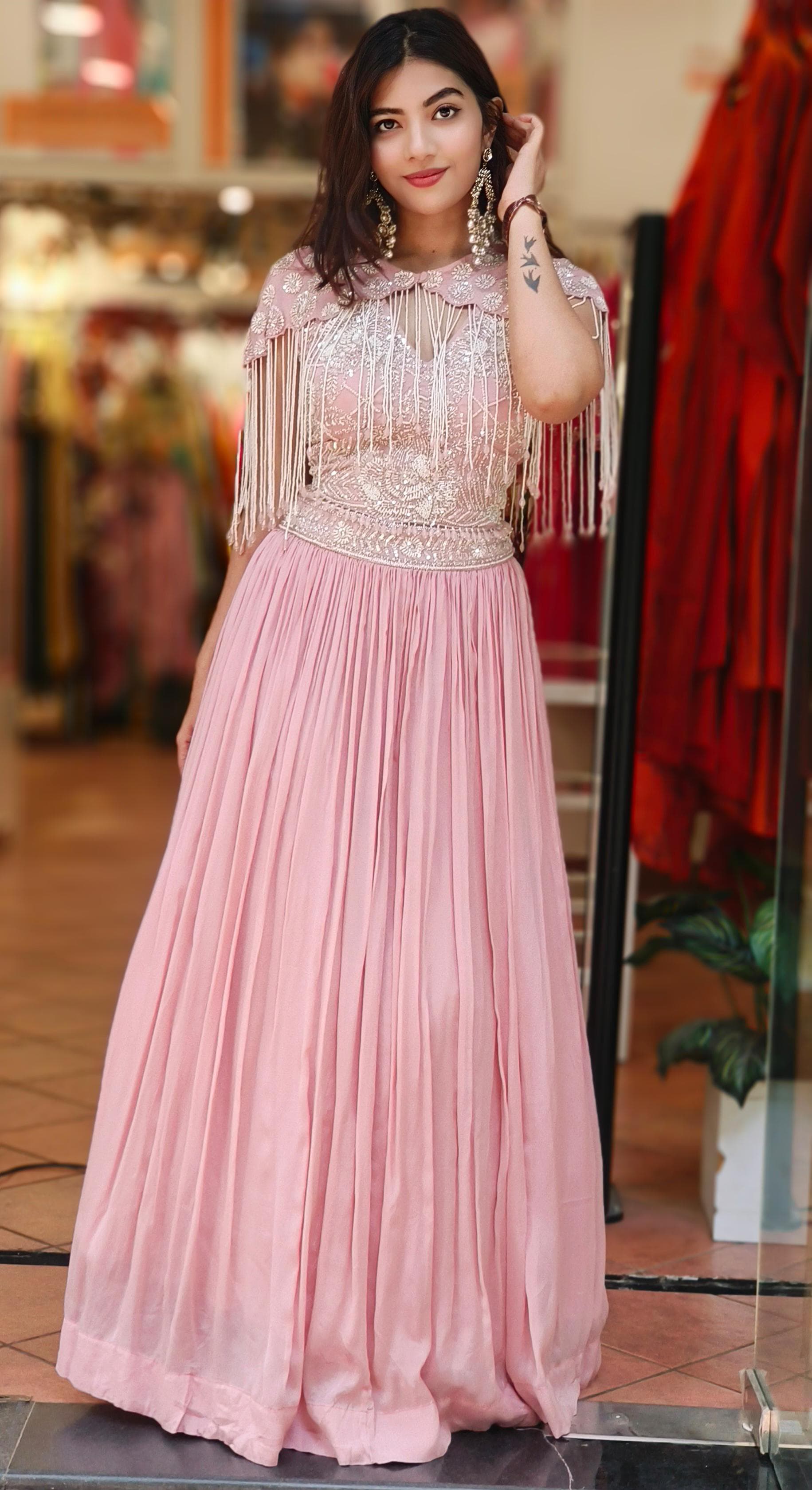 Heavy Handwork Crop-Top Skirt With Stylish Cape