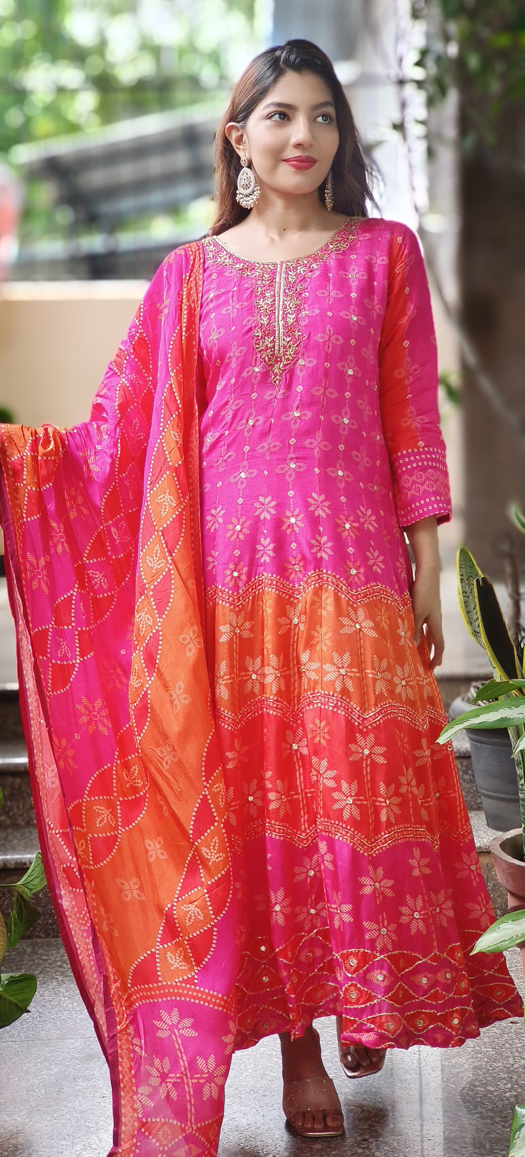Ombre Shade Silk Printed Panel Anarkali set With Dupatta