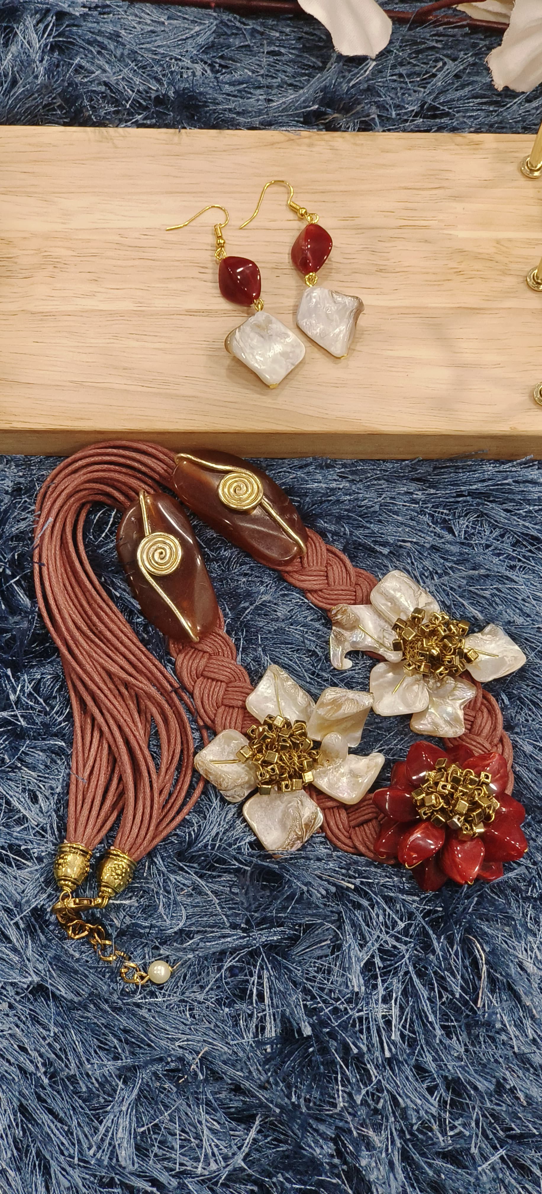 Handcrafted Floral Gemstone Statement Necklace Set with Shell & Resin Accents Dispatching After 25 Days
