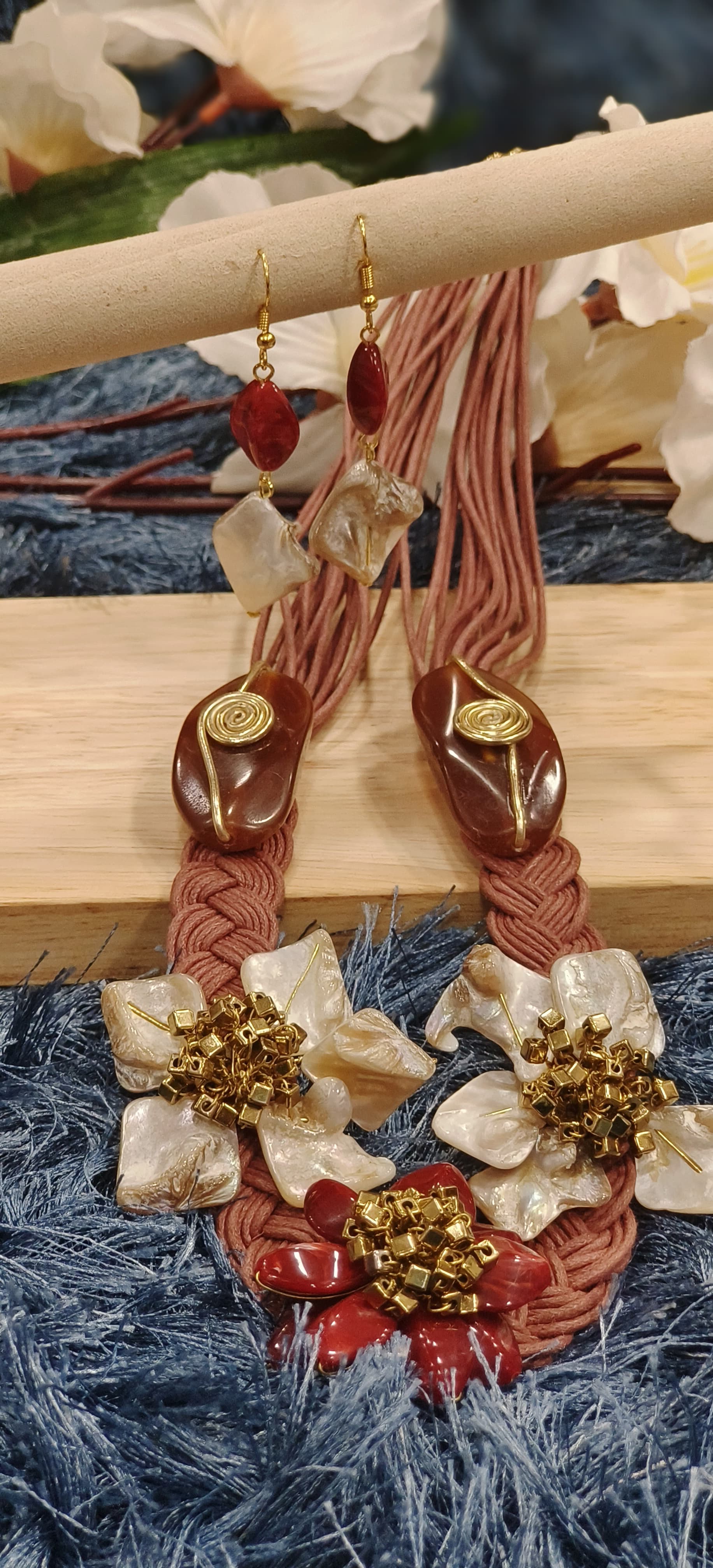 Handcrafted Floral Gemstone Statement Necklace Set with Shell & Resin Accents Dispatching After 25 Days