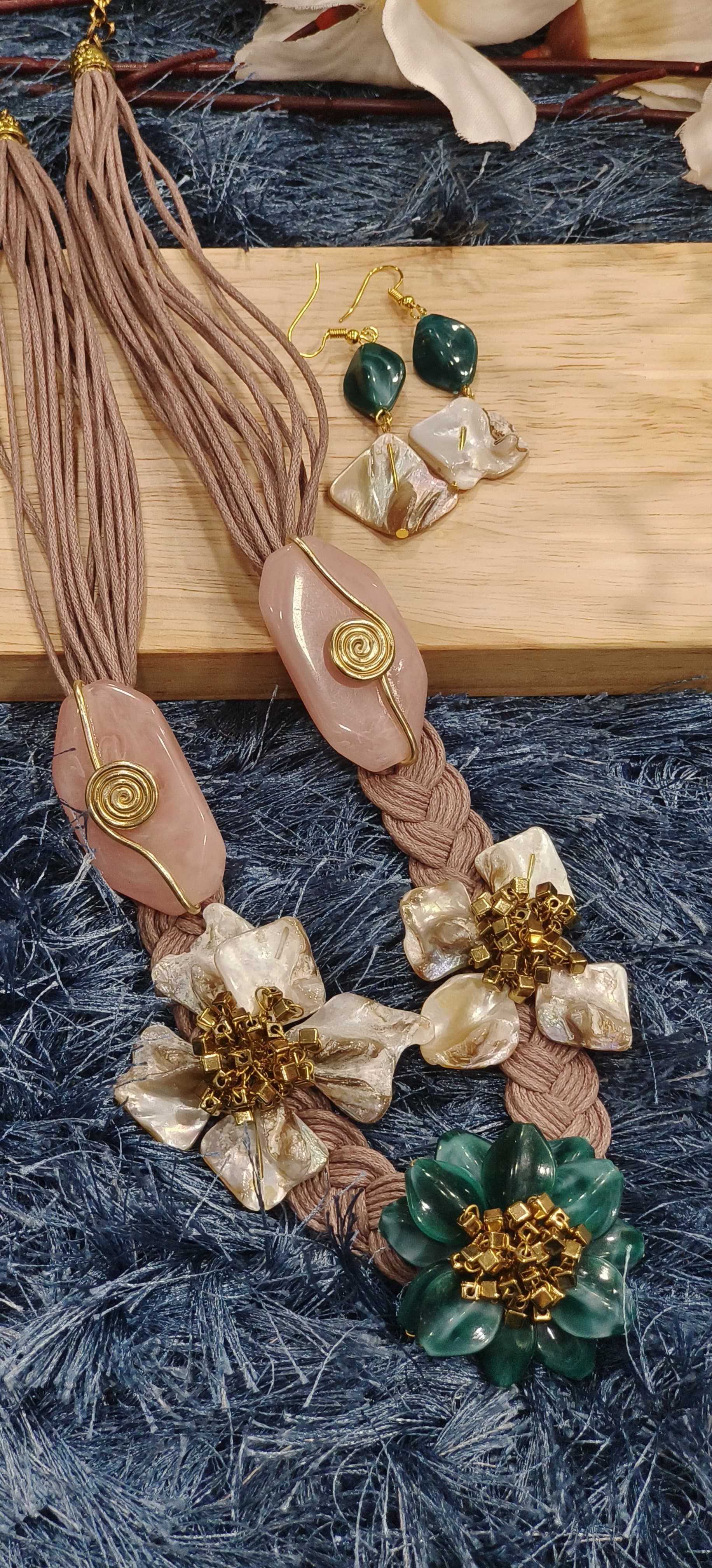 Handcrafted Floral Gemstone Statement Necklace Set with Shell & Resin Accents Dispatching After 25 Days