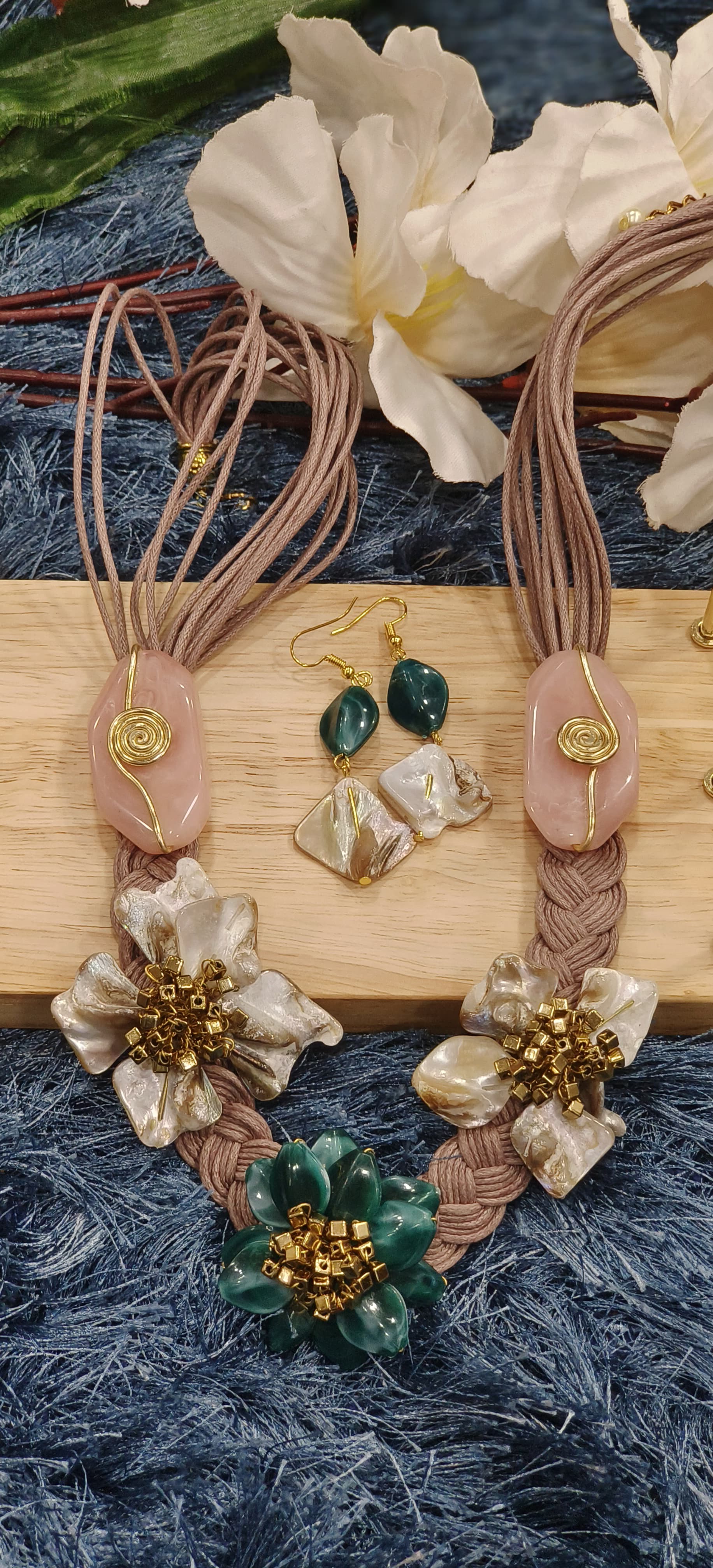 Handcrafted Floral Gemstone Statement Necklace Set with Shell & Resin Accents Dispatching After 25 Days