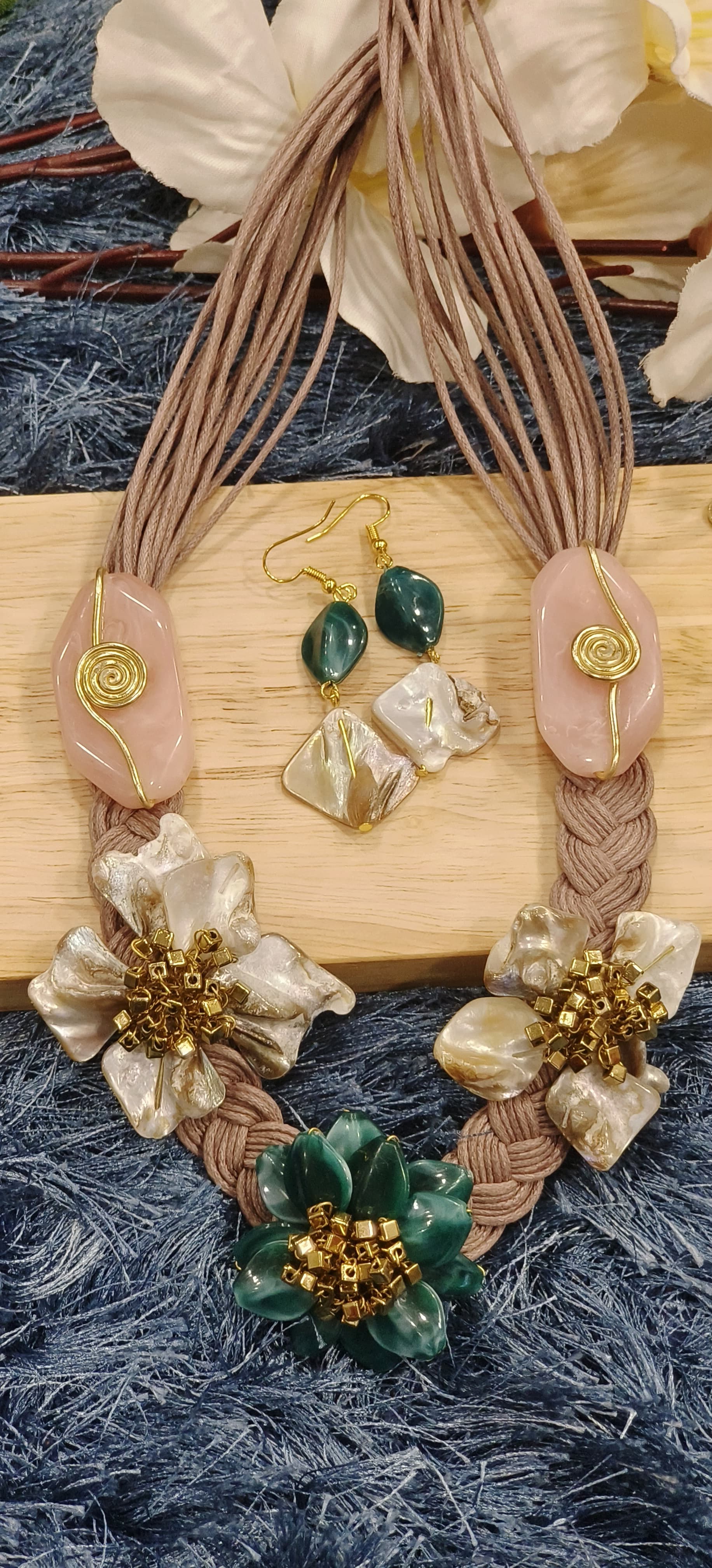 Handcrafted Floral Gemstone Statement Necklace Set with Shell & Resin Accents Dispatching After 25 Days