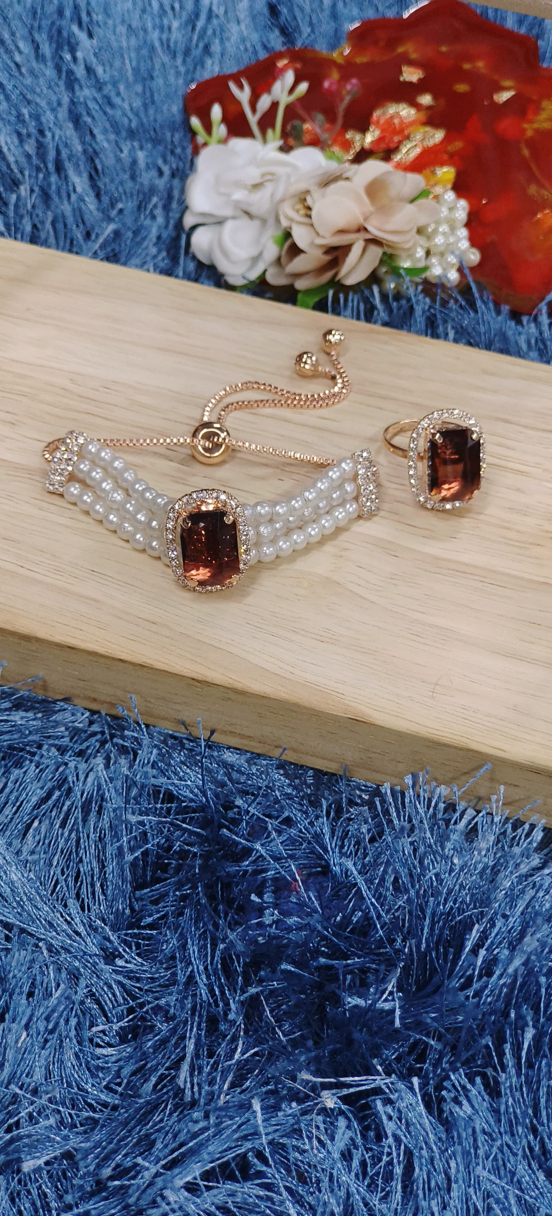 Stone Bracelet & Ring Set with Pearl Strands and CZ Accents