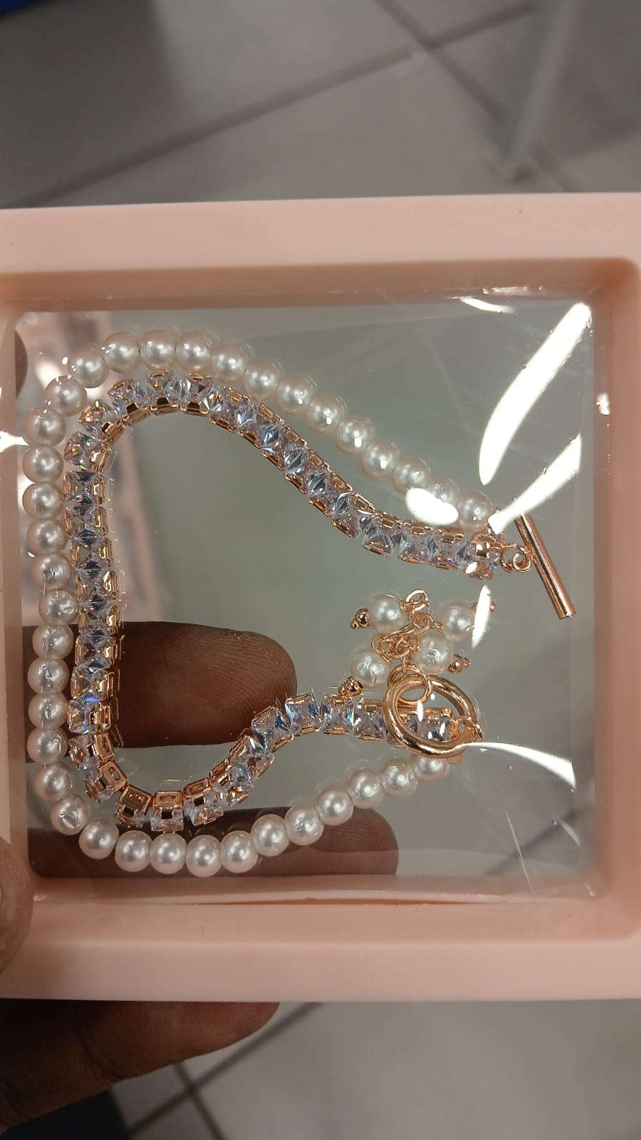 Dual Chain Pearl Bracelet with Toggle Clasp & Pearl Drop Charms