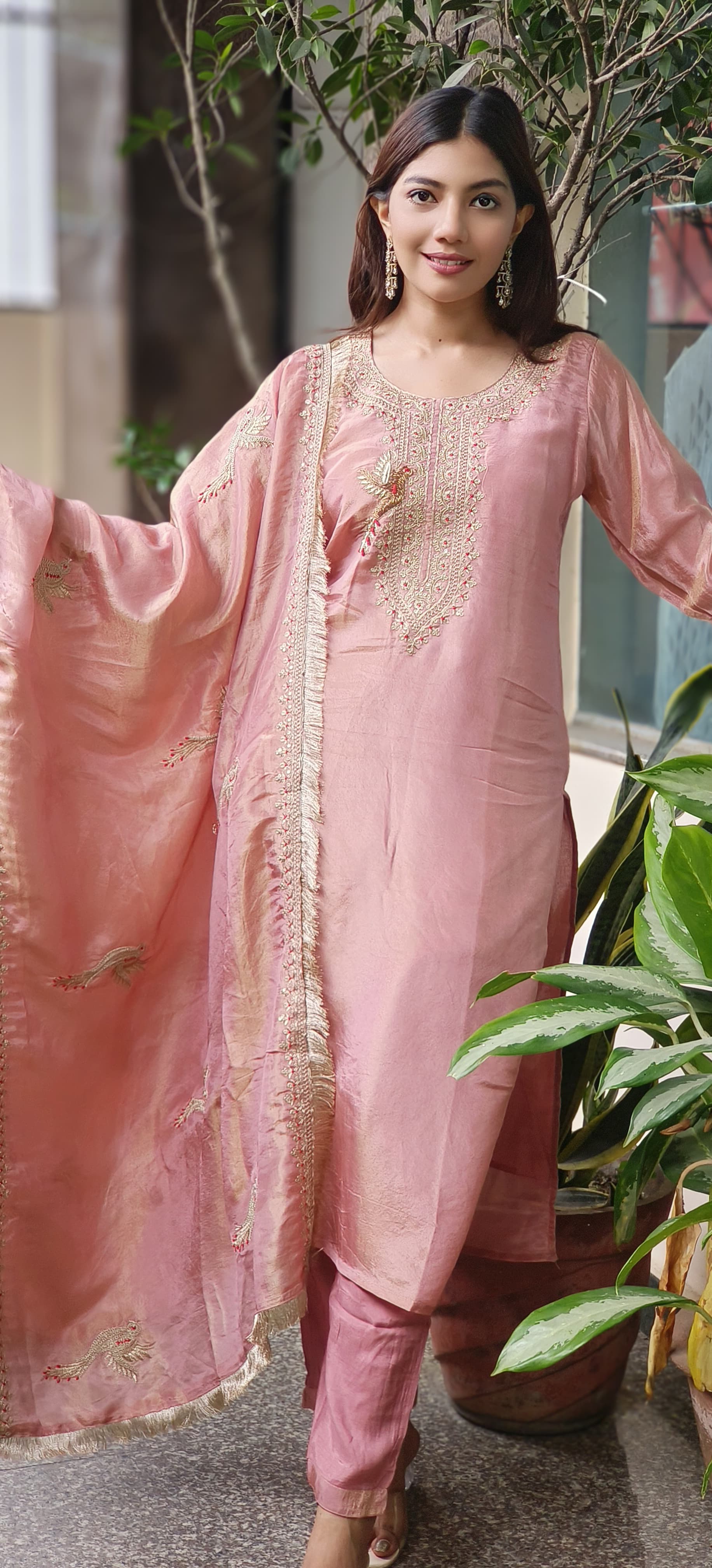 Heavy Zardosi Work Full Suit Set With Beautiful Bordered Dupatta In Tissue Fabric