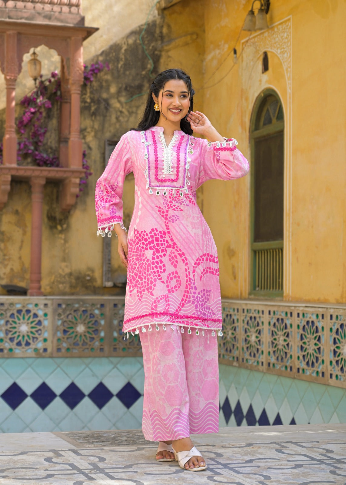 Crosia Lace Work With Real Mirror Kurta Pant Set In Linene Cotton Fabric