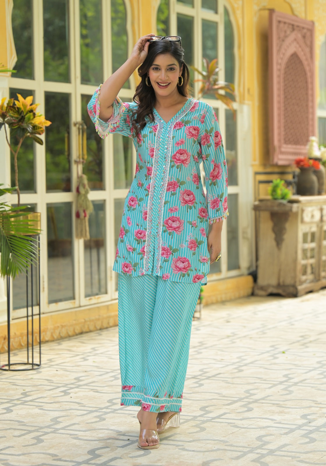 Crosia Lace With Pearl Work Floral Kurta Pant Set