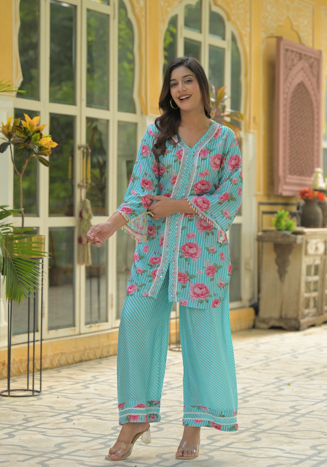 Crosia Lace With Pearl Work Floral Kurta Pant Set