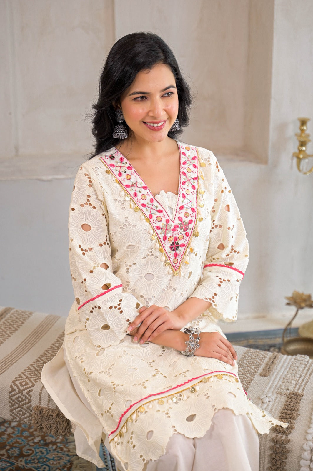 Tiny Shell With Pearl & Beads Work V-Neck Cut Work Kurta Pant Set