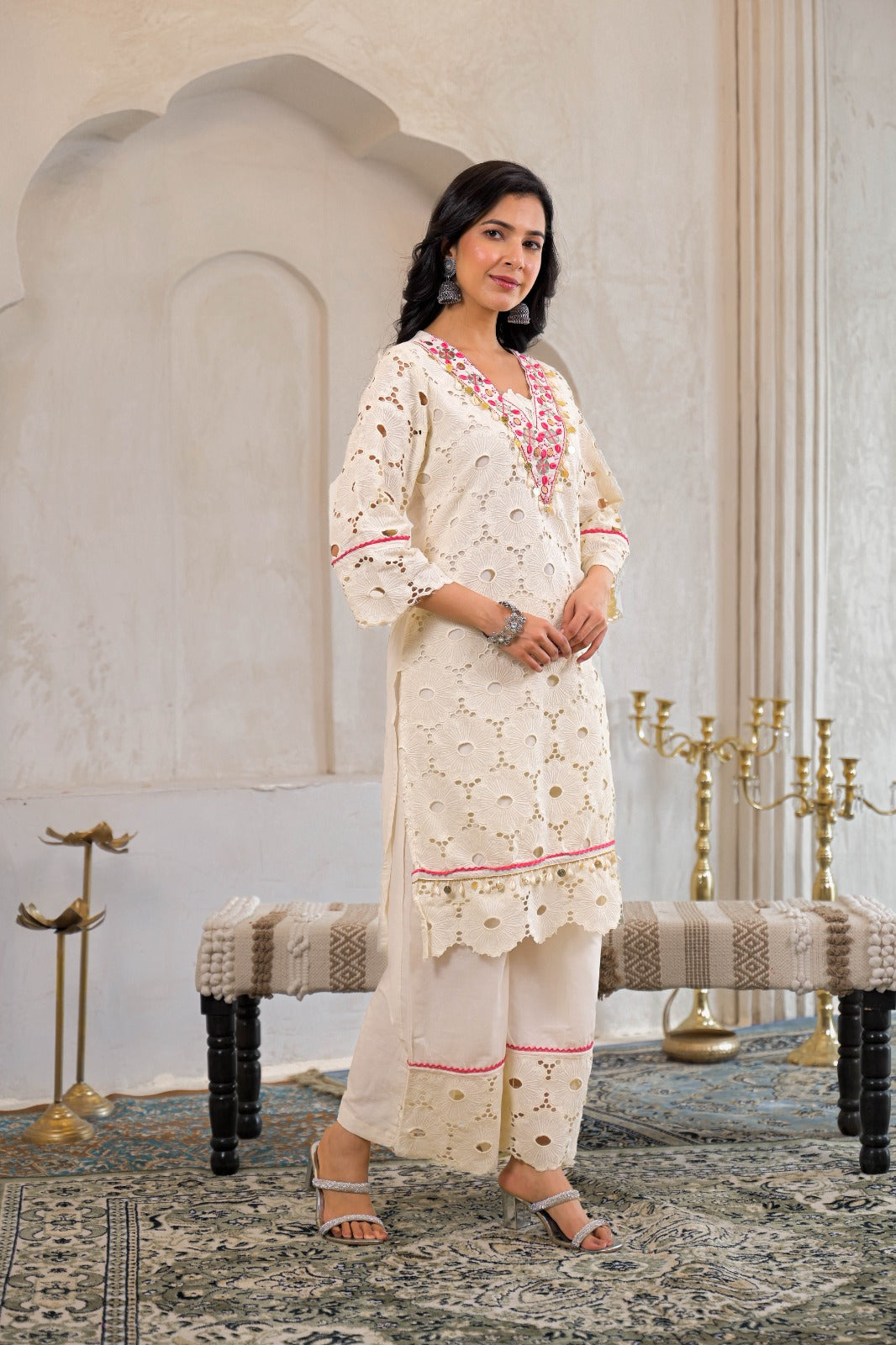 Tiny Shell With Pearl & Beads Work V-Neck Cut Work Kurta Pant Set