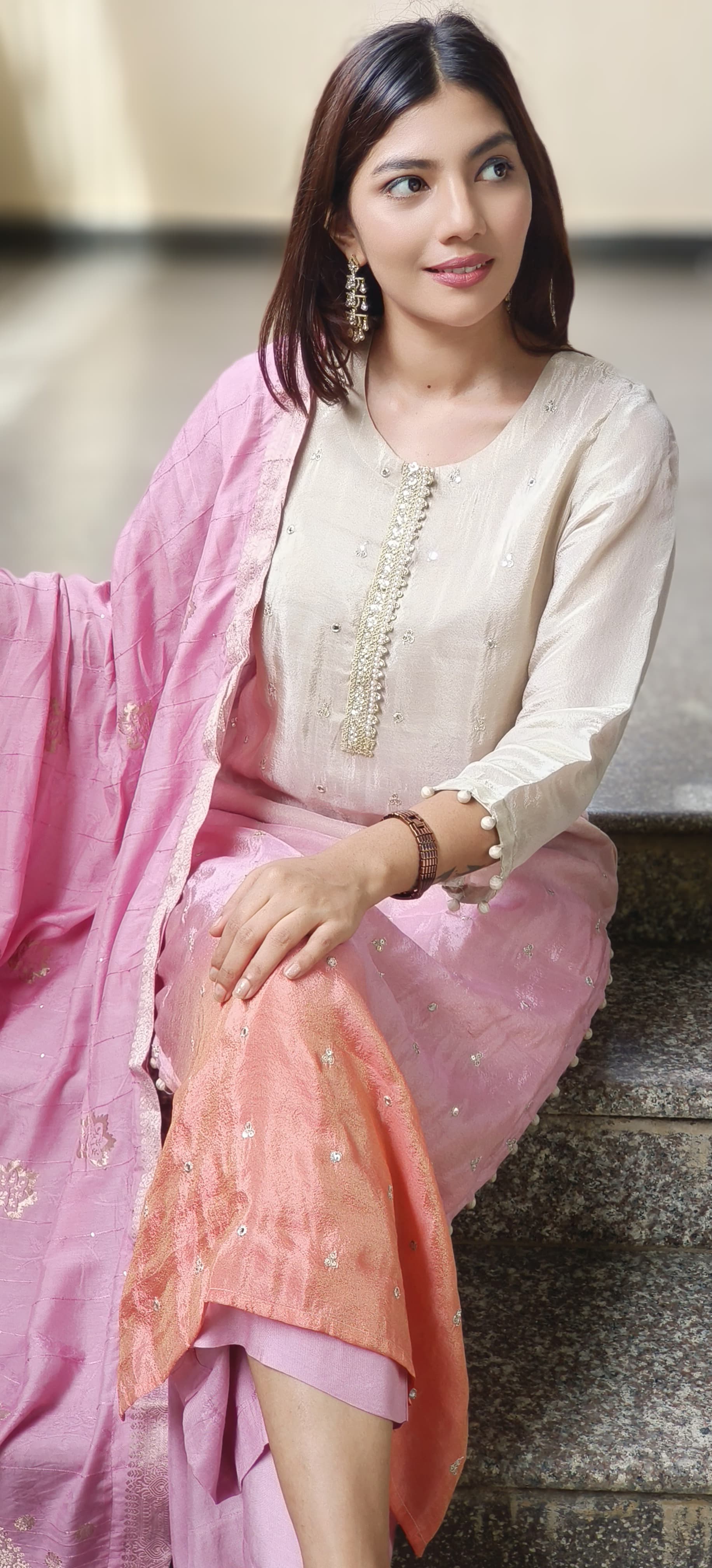 Pearl & Mirror Work Tri Color Ombre Full Suit Set In Shimmer Tissue Fabric
