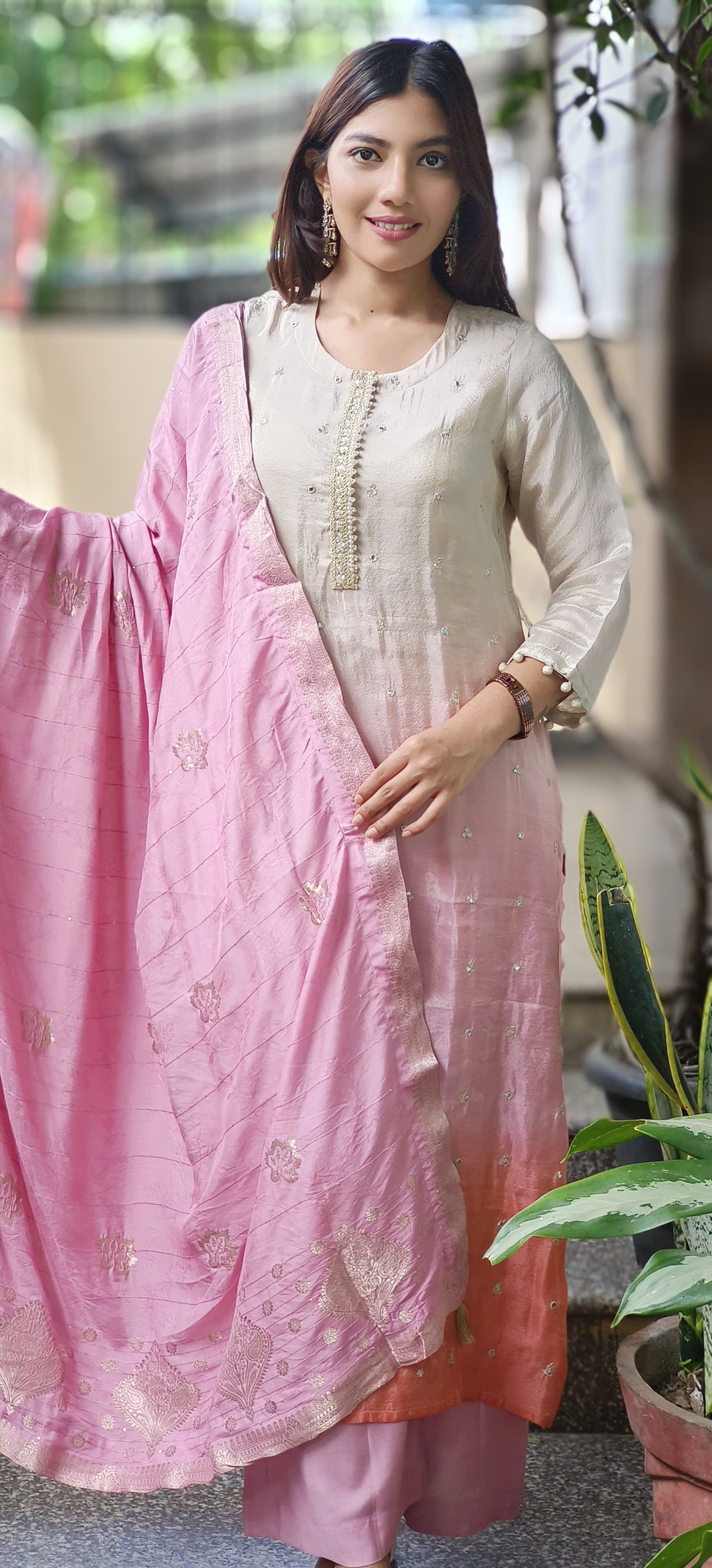Pearl & Mirror Work Tri Color Ombre Full Suit Set In Shimmer Tissue Fabric