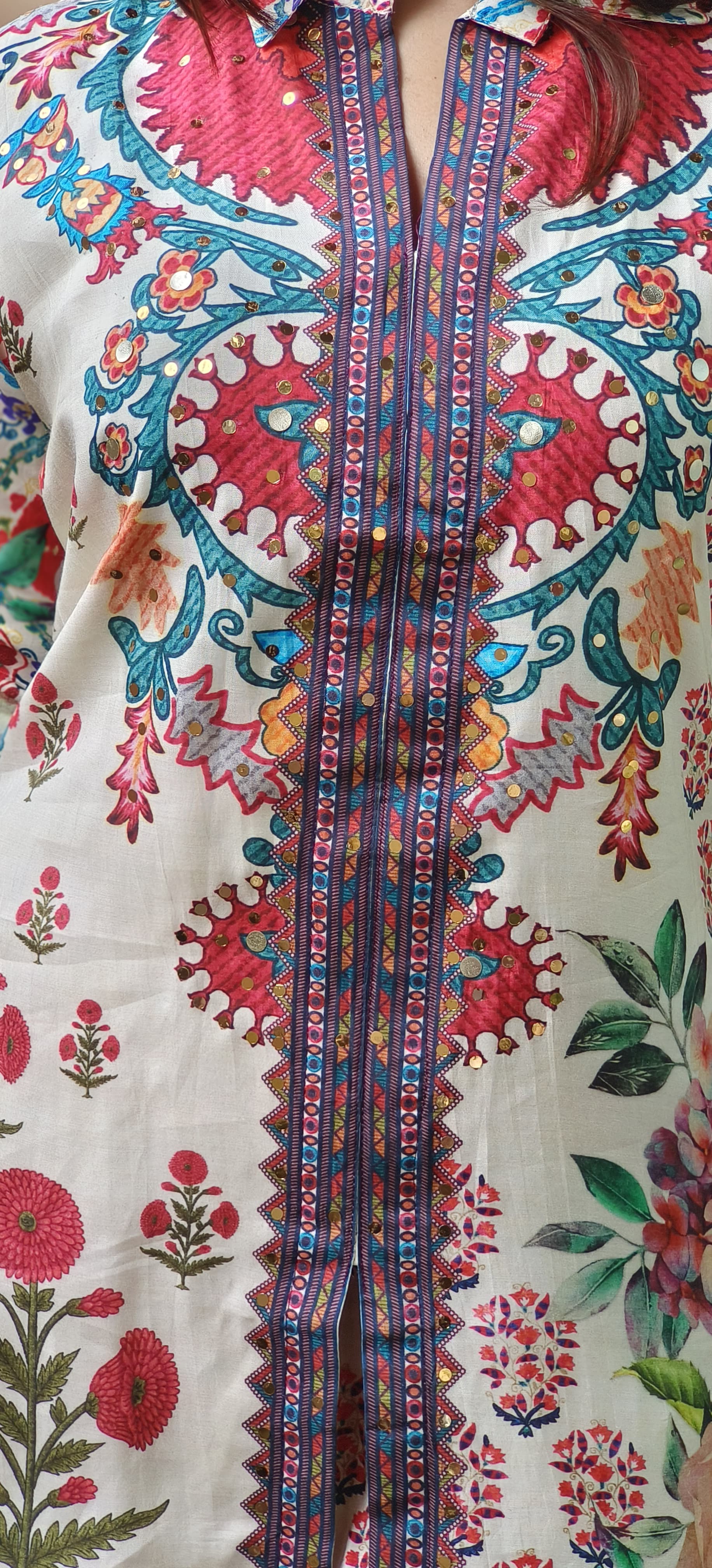 Multicolor Designer Print Collared Casual Wear Co-Ord Set In Muslin Fabric