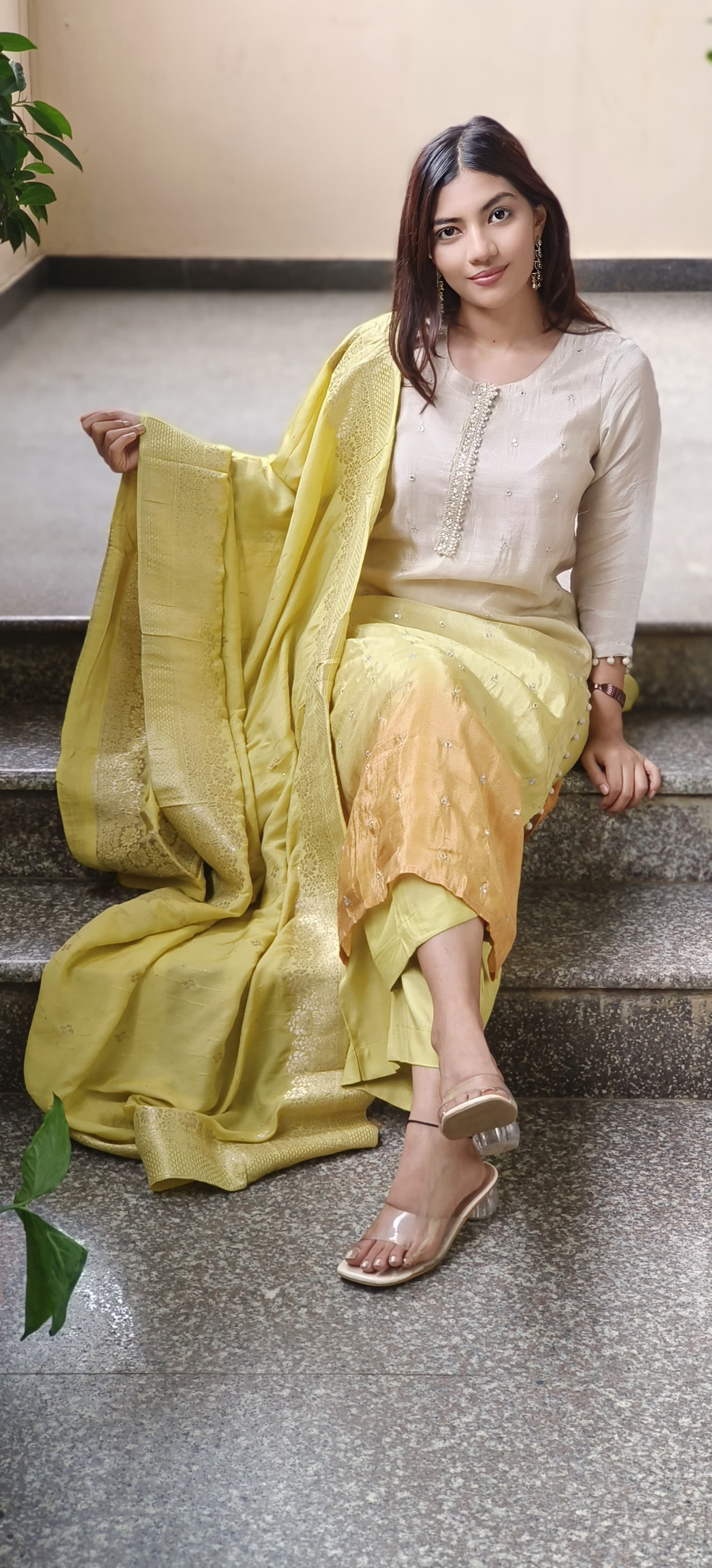 Pearl & Mirror Work Tri Color Ombre Full Suit Set In Shimmer Tissue Fabric