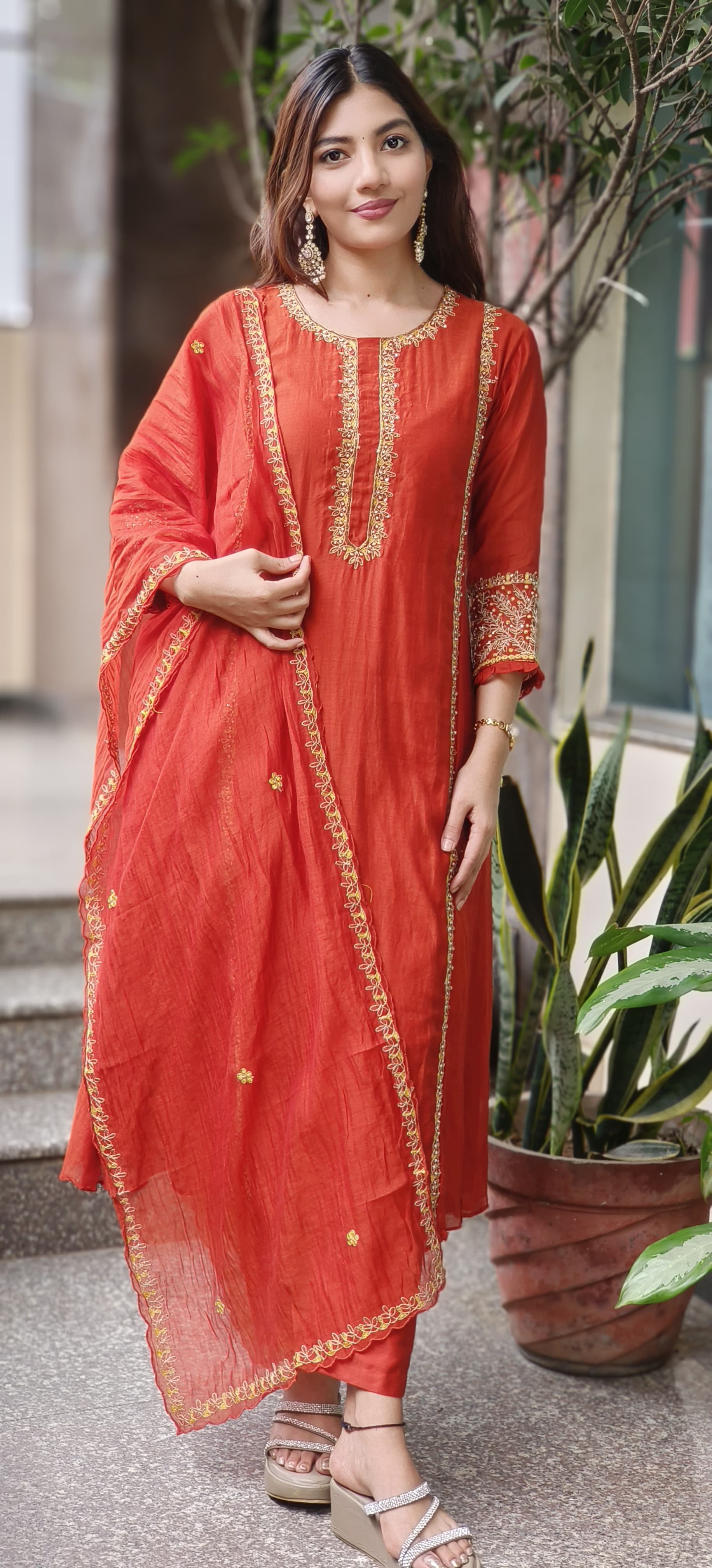 Pearl Lace Minimal Bordered Work A-Line Full Suit Set With Dupatta In Mul Chanderi Fabric