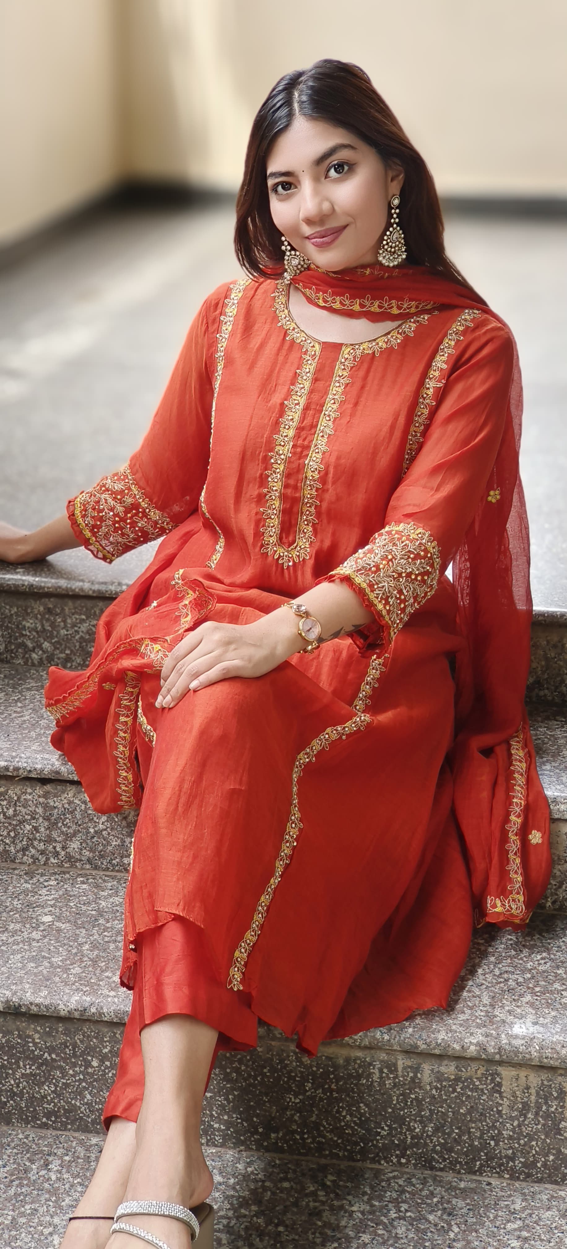 Pearl Lace Minimal Bordered Work A-Line Full Suit Set With Dupatta In Mul Chanderi Fabric