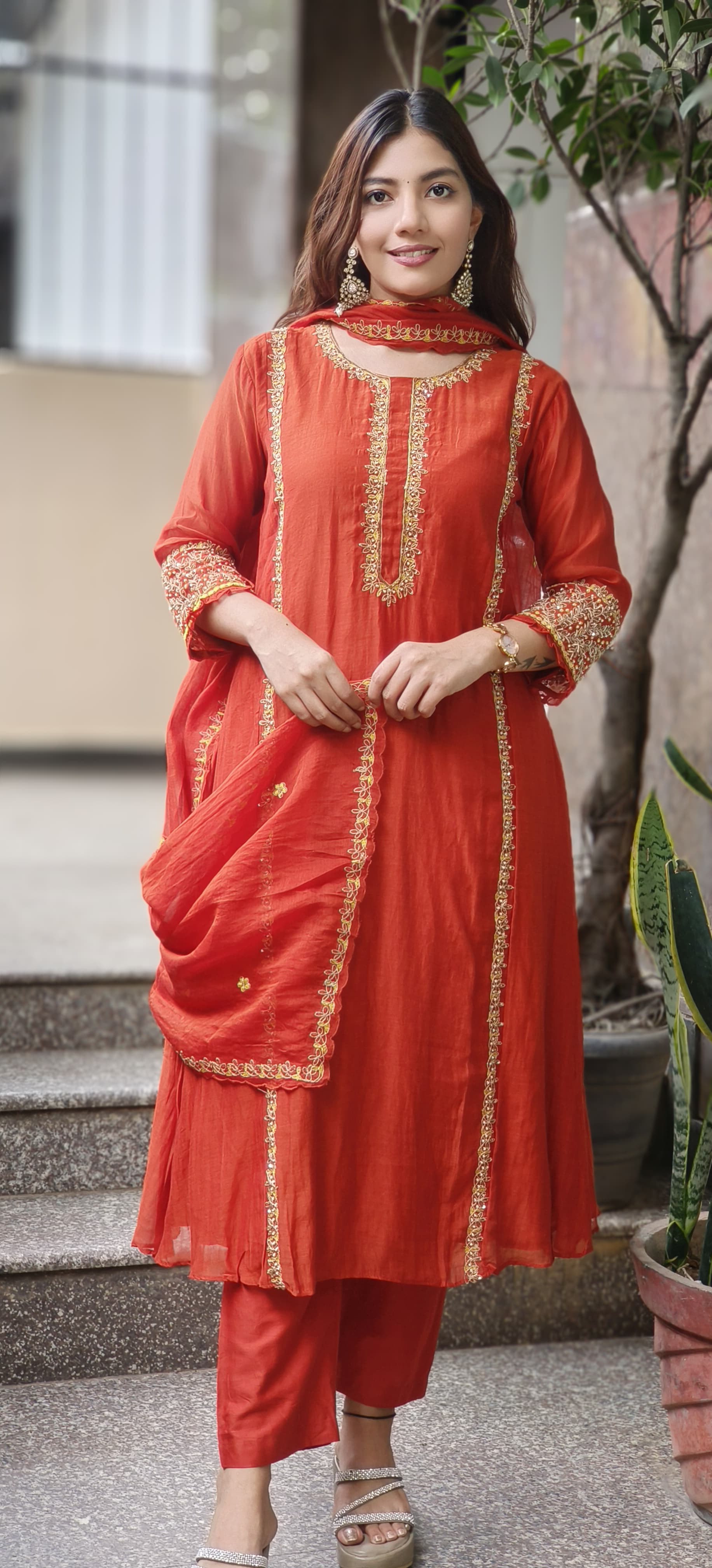 Pearl Lace Minimal Bordered Work A-Line Full Suit Set With Dupatta In Mul Chanderi Fabric