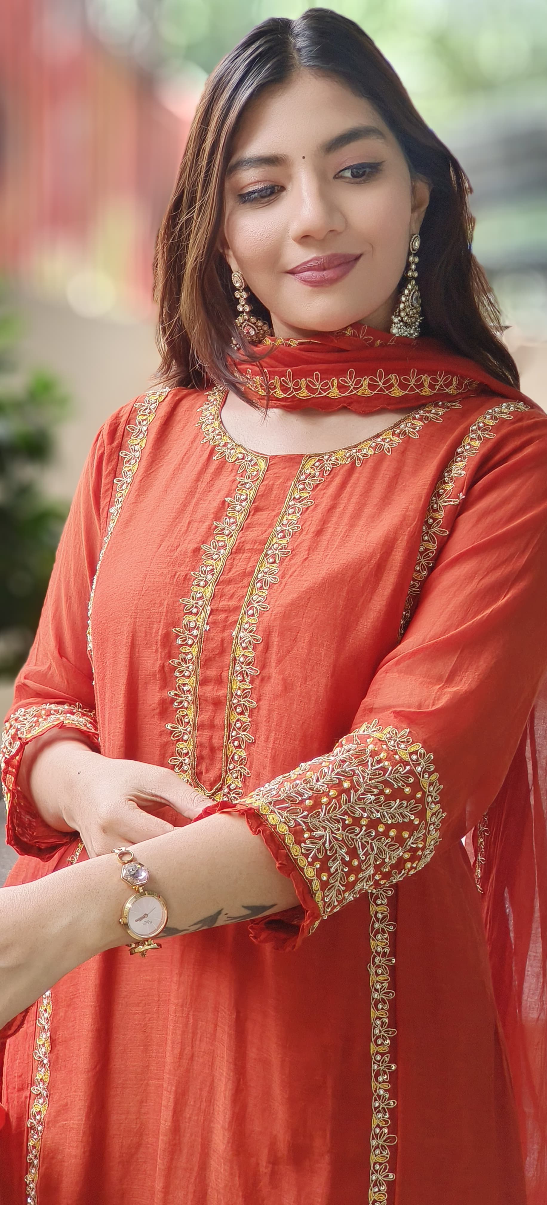 Pearl Lace Minimal Bordered Work A-Line Full Suit Set With Dupatta In Mul Chanderi Fabric
