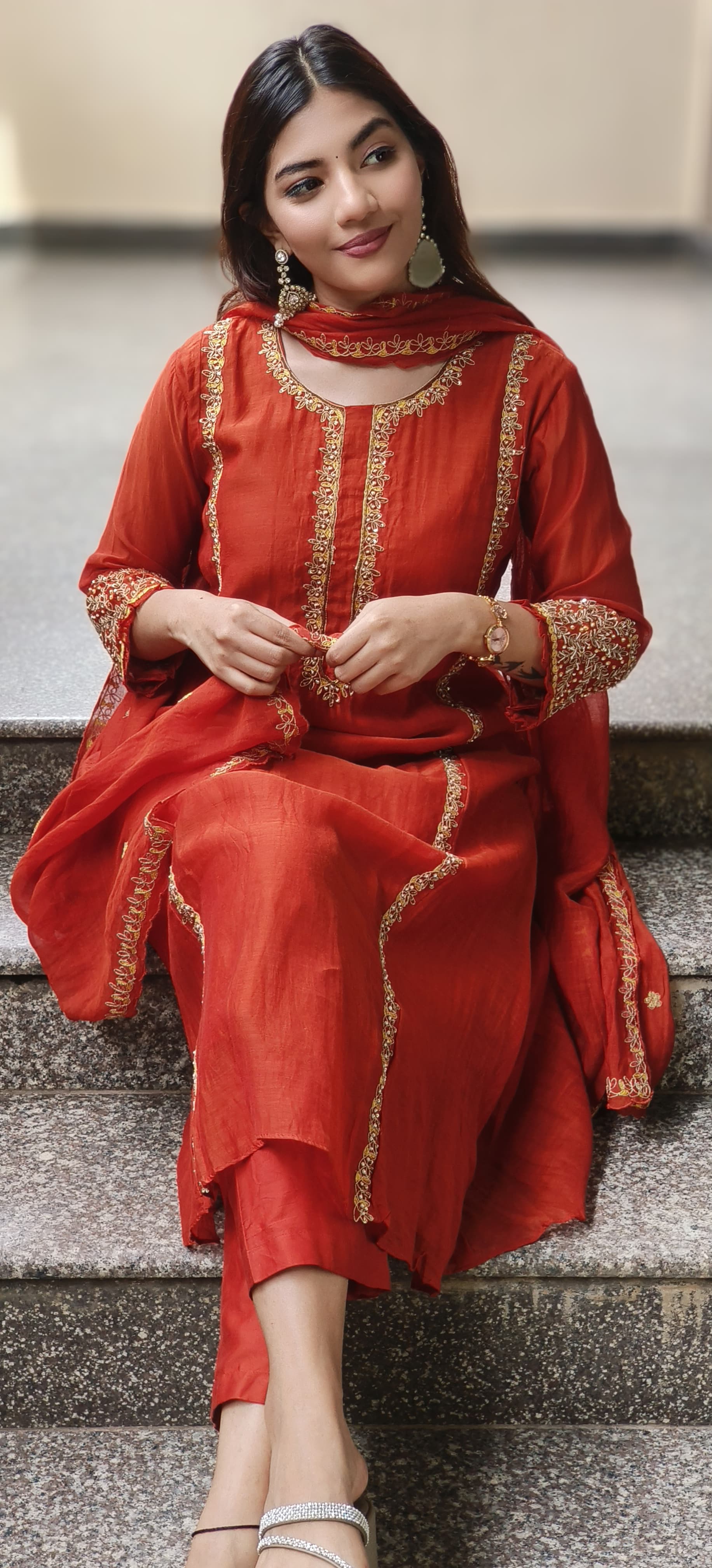 Pearl Lace Minimal Bordered Work A-Line Full Suit Set With Dupatta In Mul Chanderi Fabric