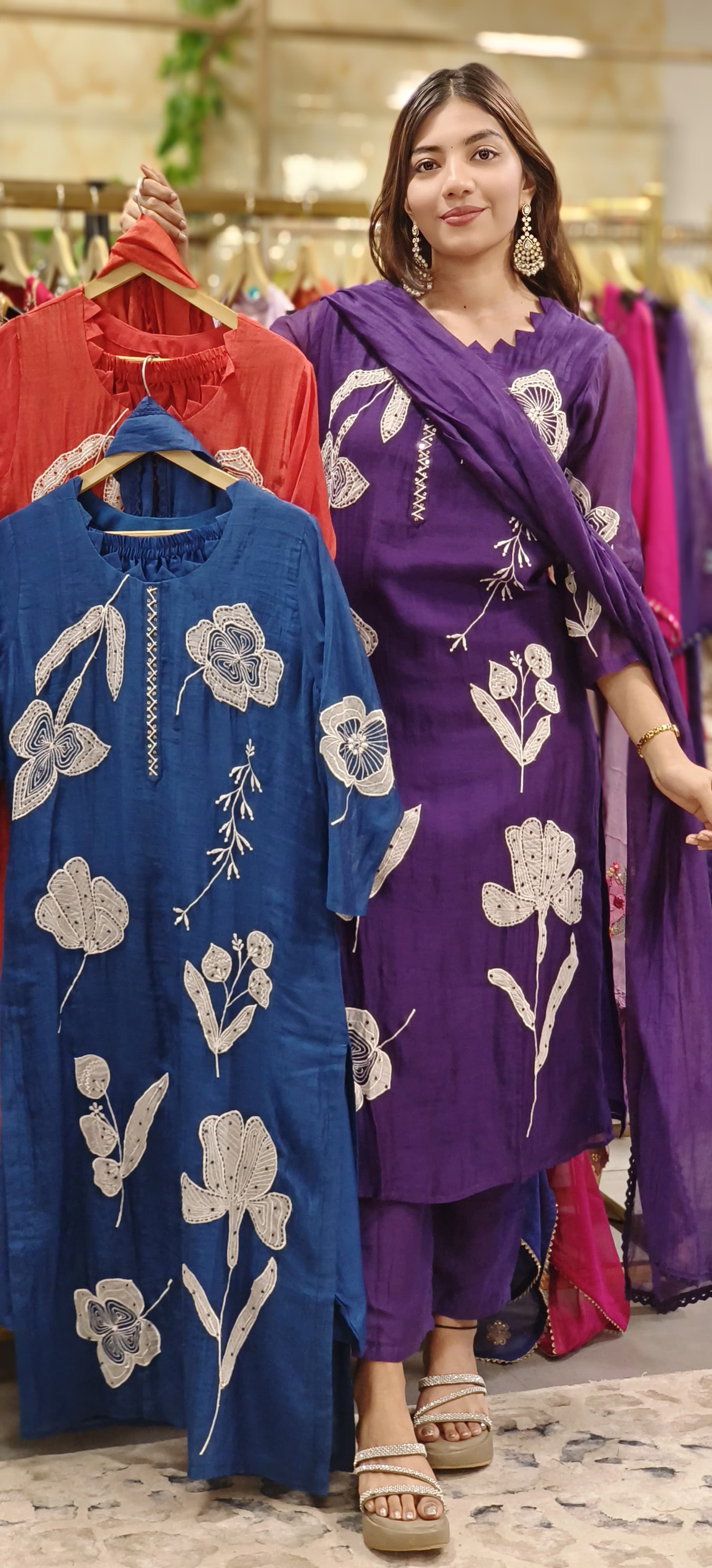 Thread Embroidery With Slight Katha Stich Full Suit Set With Dupatta In Mul Chanderi Fabric