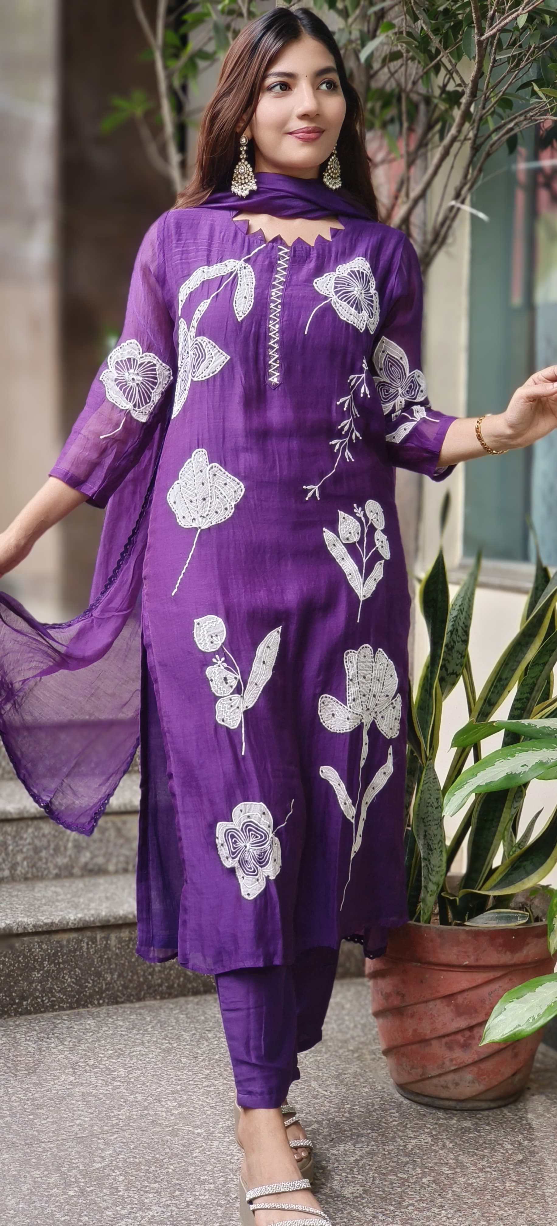 Thread Embroidery With Slight Katha Stich Full Suit Set With Dupatta In Mul Chanderi Fabric