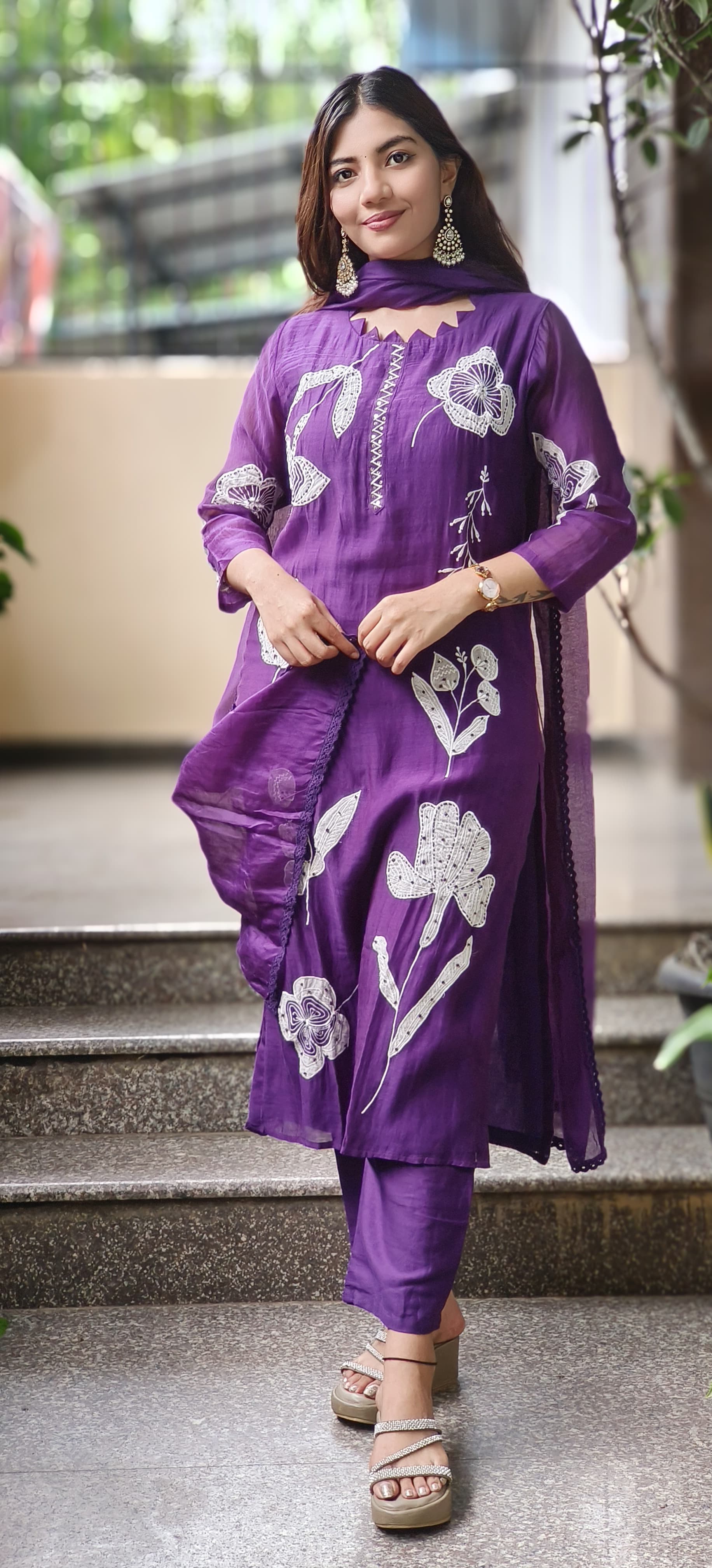 Thread Embroidery With Slight Katha Stich Full Suit Set With Dupatta In Mul Chanderi Fabric