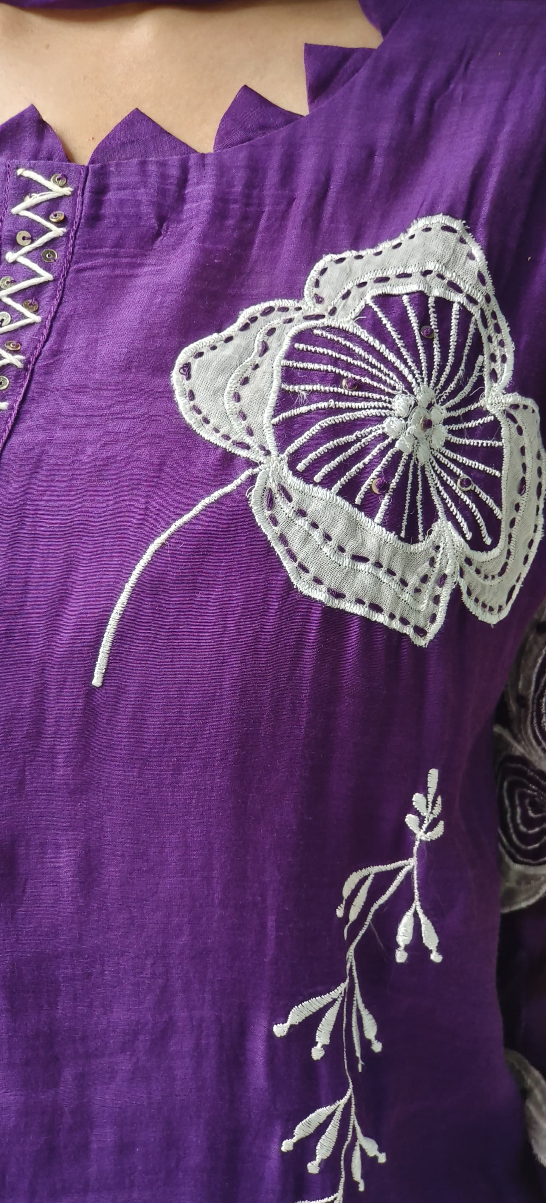 Thread Embroidery With Slight Katha Stich Full Suit Set With Dupatta In Mul Chanderi Fabric