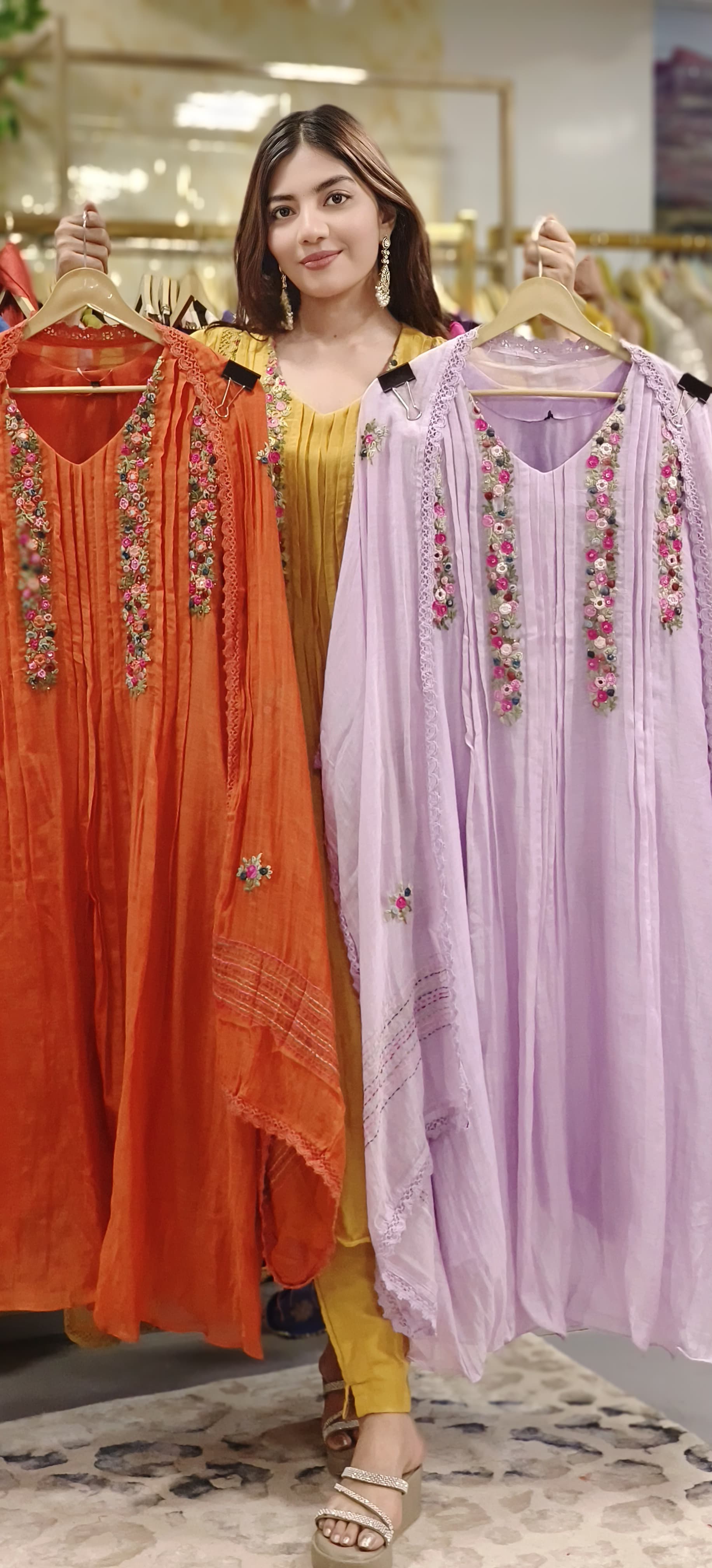 Floral Thread Hand Weaved A-Lined Full Suit Set With Dupatta In Mul Chanderi Fabric