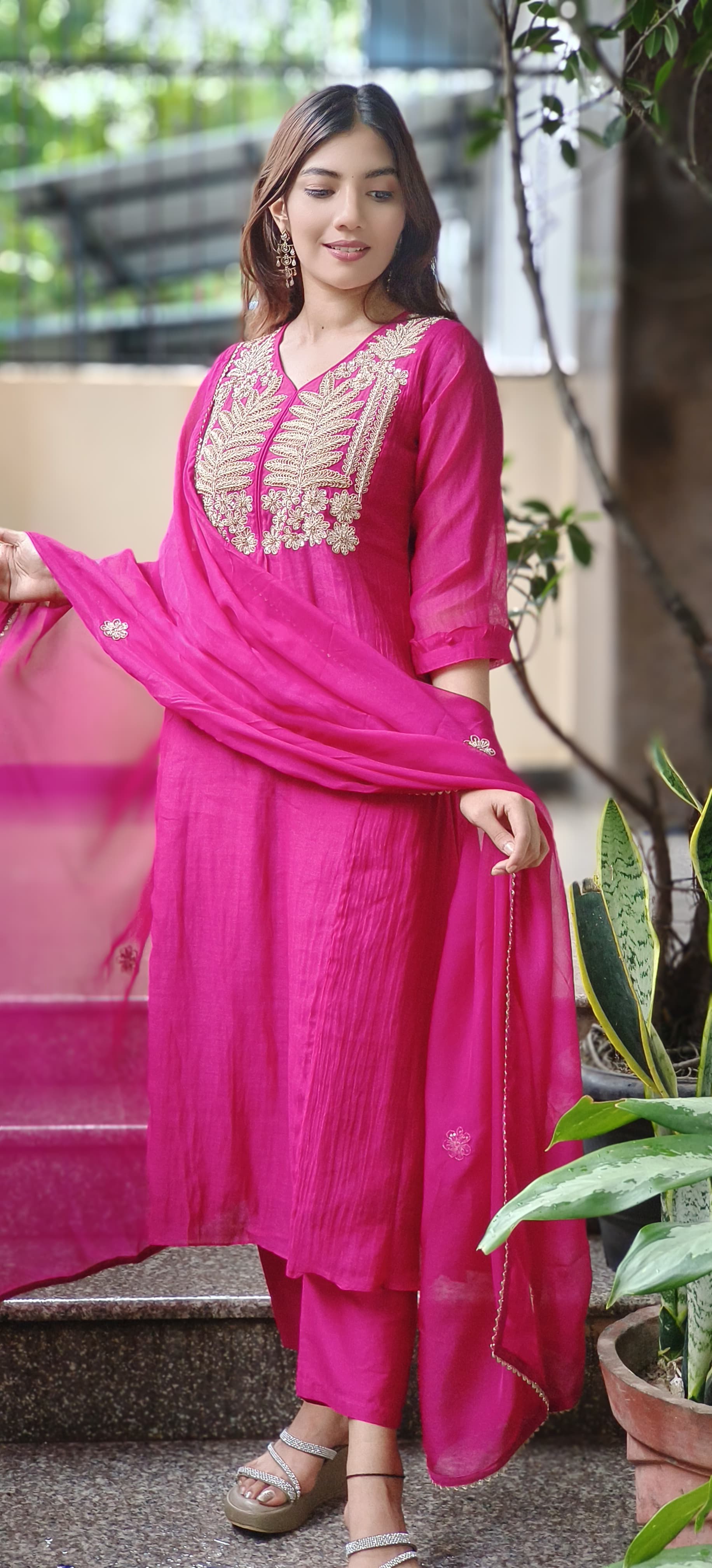 Zari Embroidery Work A-Line Full Suit Set With Dupatta In Mul Chanderi Fabric