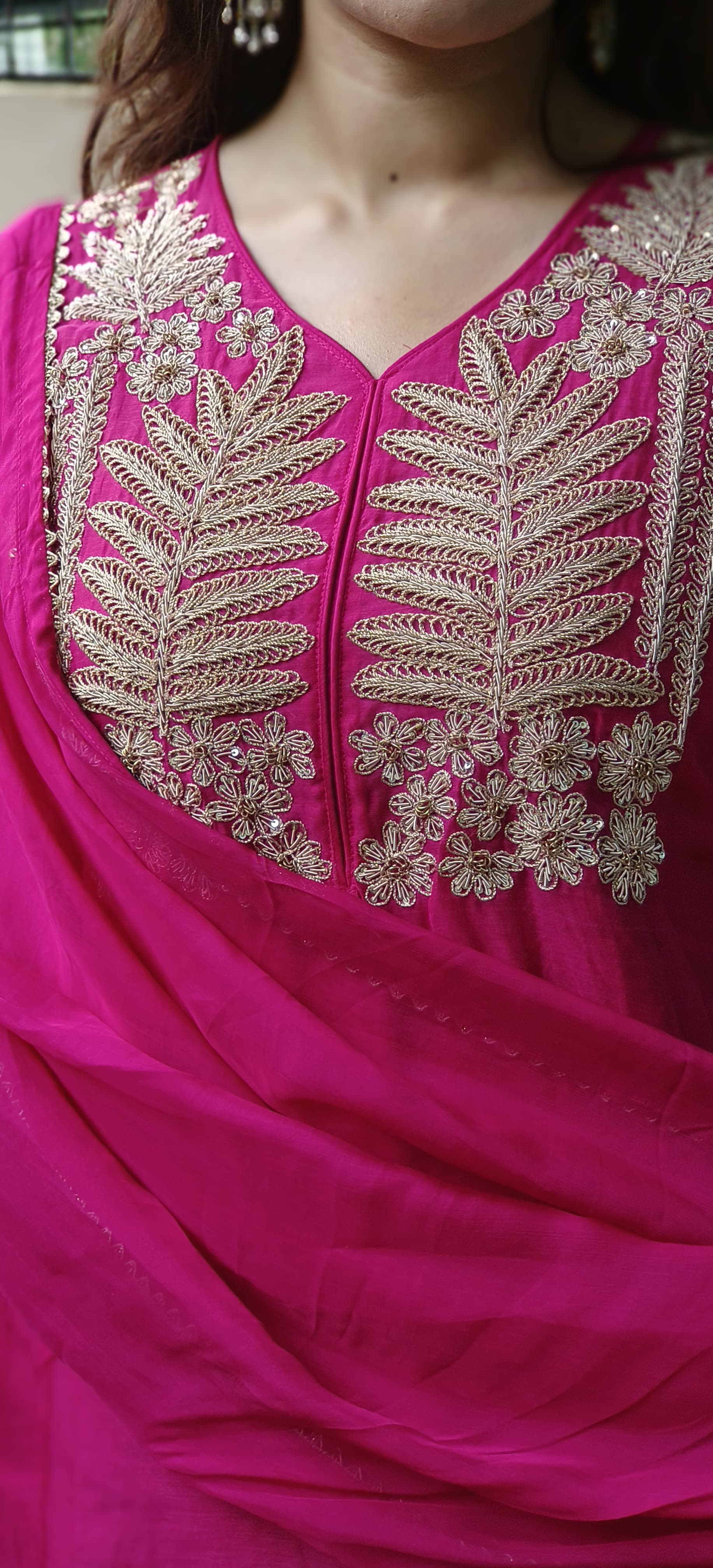 Zari Embroidery Work A-Line Full Suit Set With Dupatta In Mul Chanderi Fabric