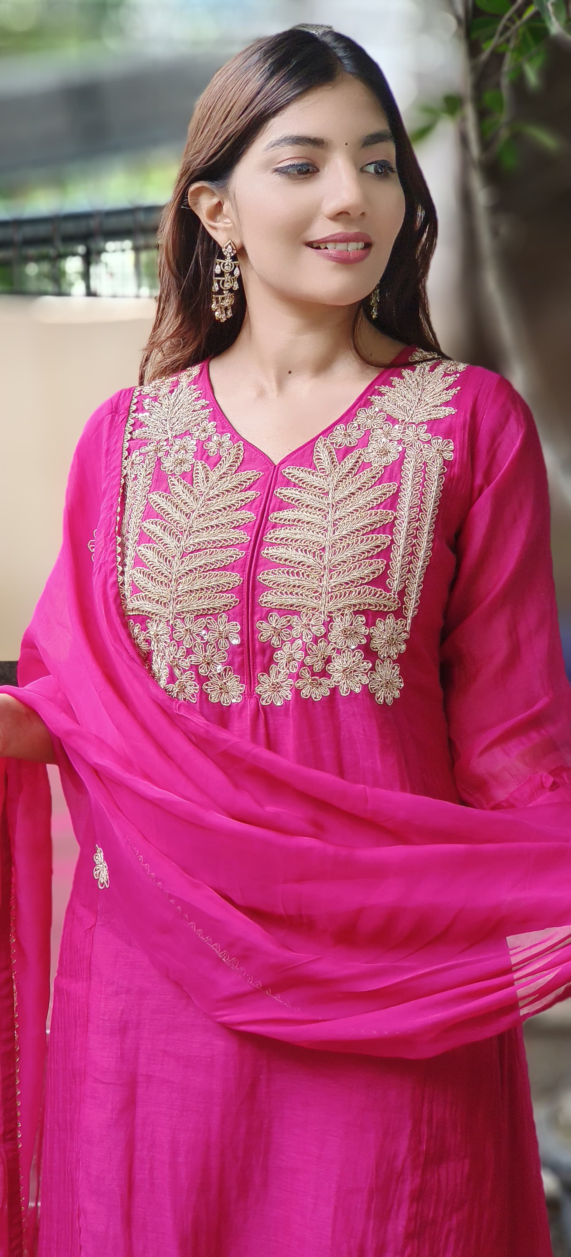 Zari Embroidery Work A-Line Full Suit Set With Dupatta In Mul Chanderi Fabric