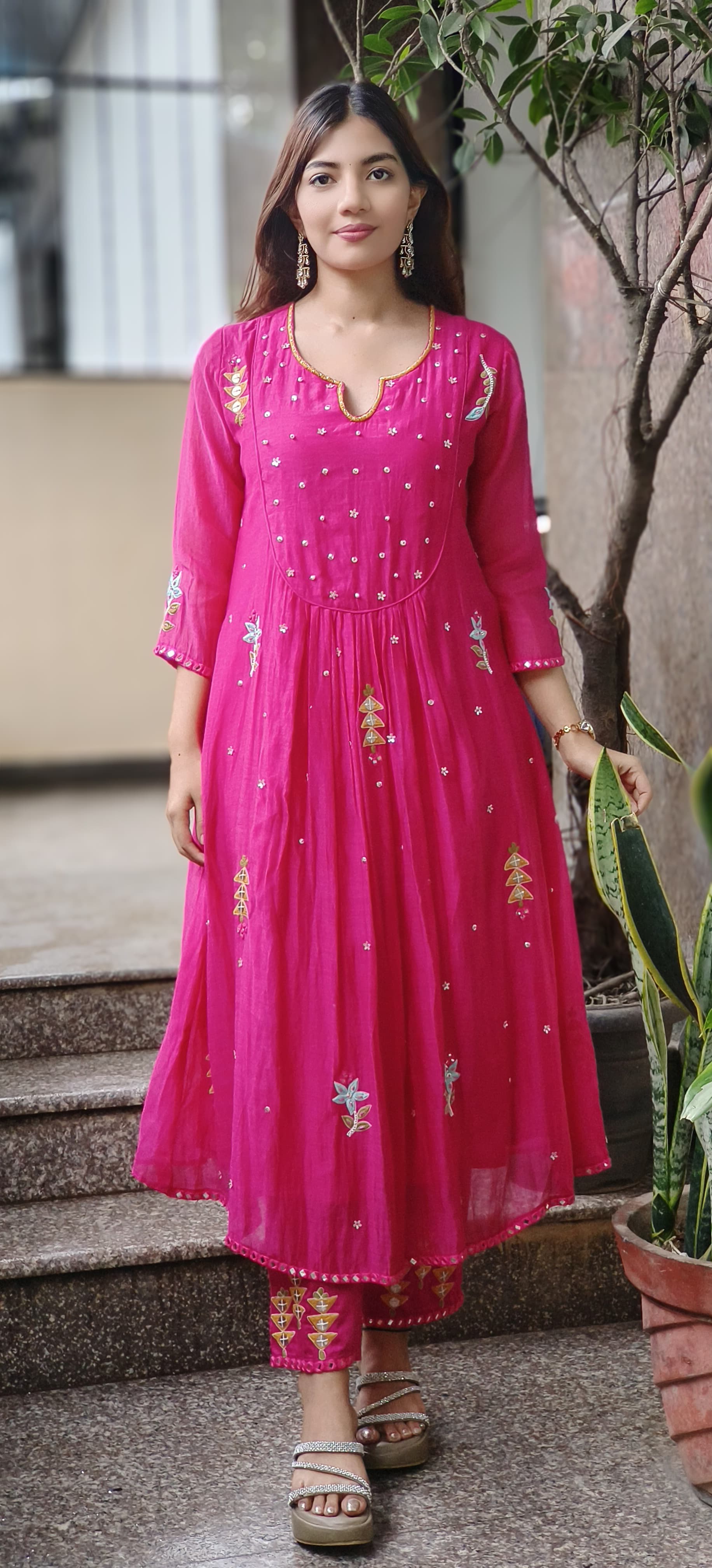 Front U-Yoke Embroidery Minimal Work A-Line Kurta Pant Set In Mul Chanderi Fabric