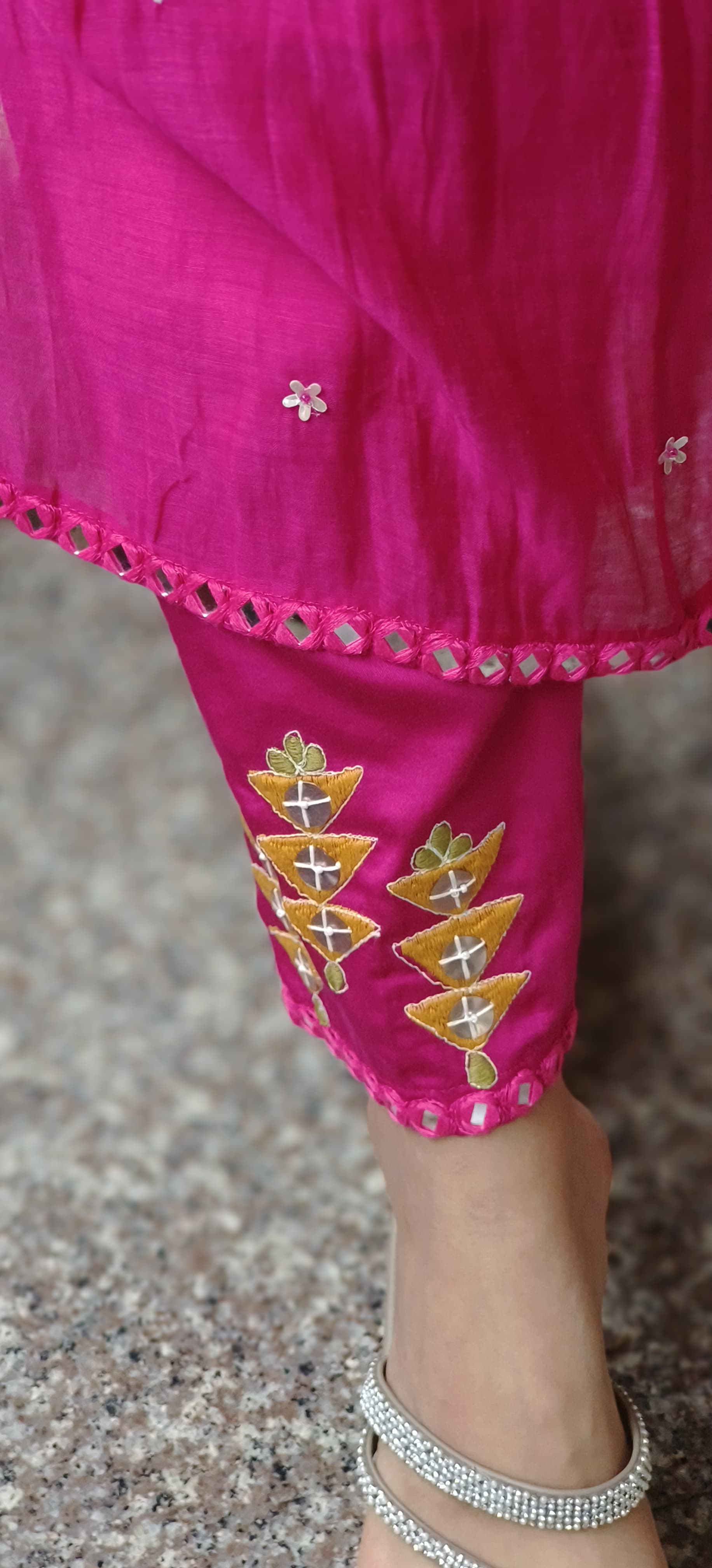 Front U-Yoke Embroidery Minimal Work A-Line Kurta Pant Set In Mul Chanderi Fabric