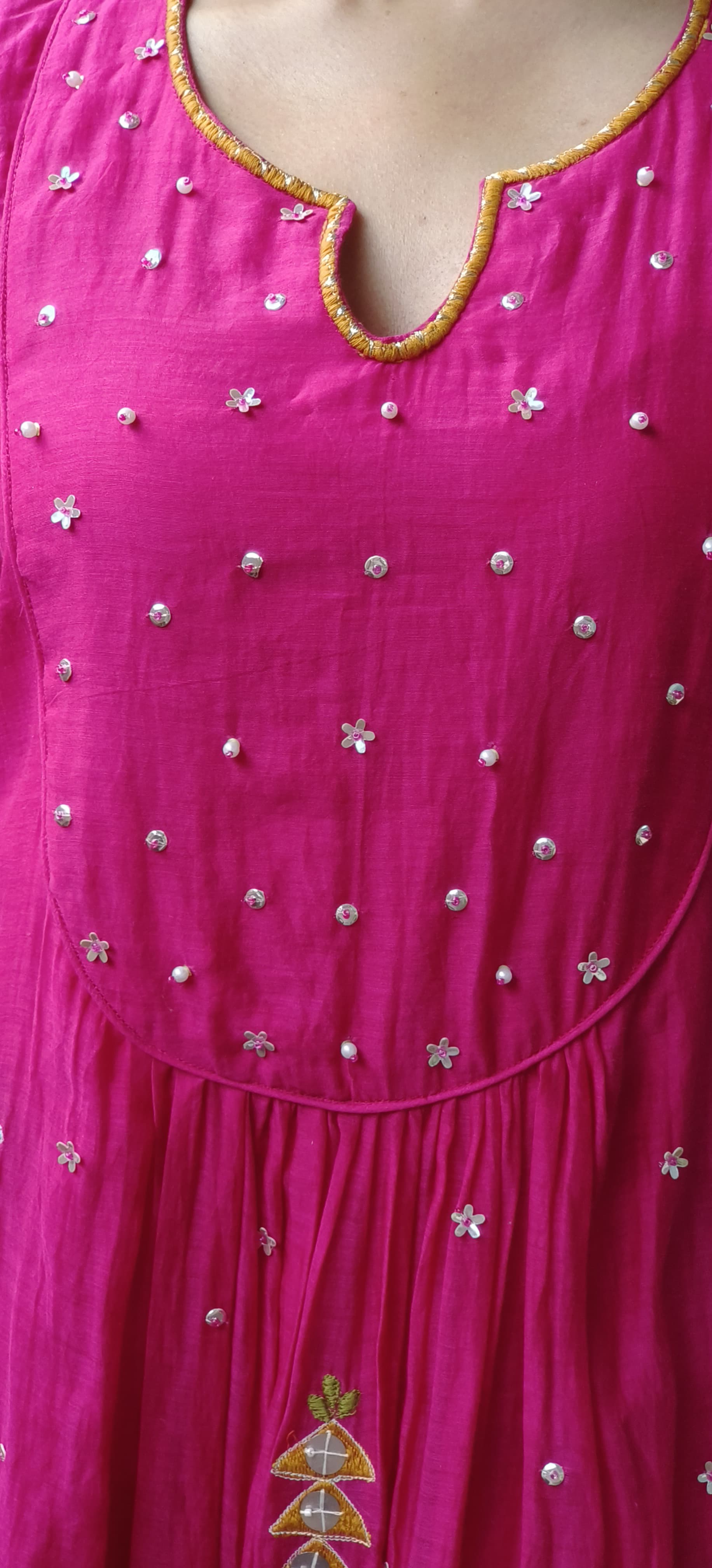 Front U-Yoke Embroidery Minimal Work A-Line Kurta Pant Set In Mul Chanderi Fabric