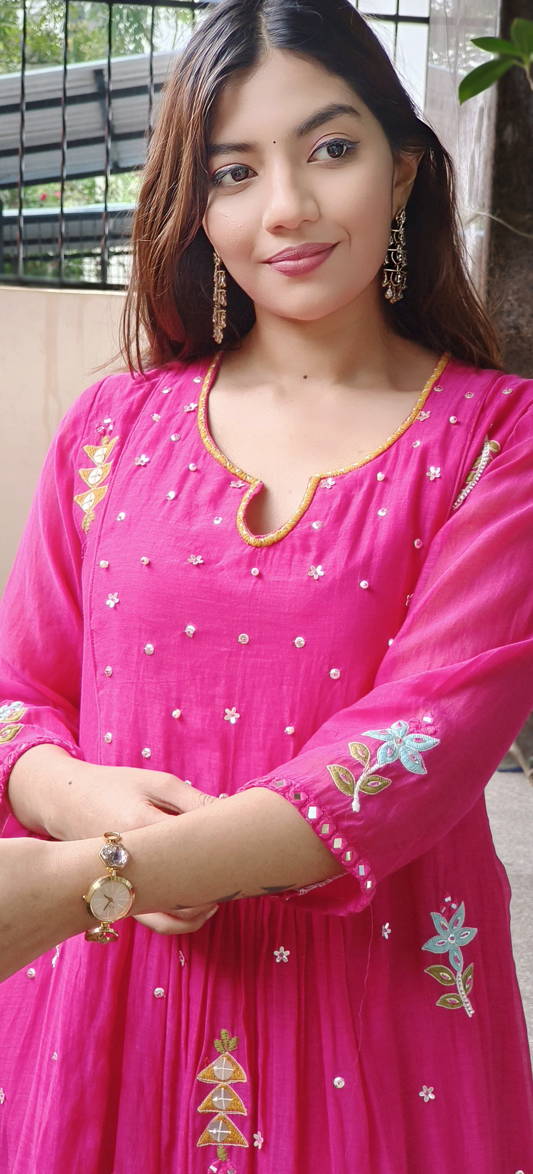 Front U-Yoke Embroidery Minimal Work A-Line Kurta Pant Set In Mul Chanderi Fabric