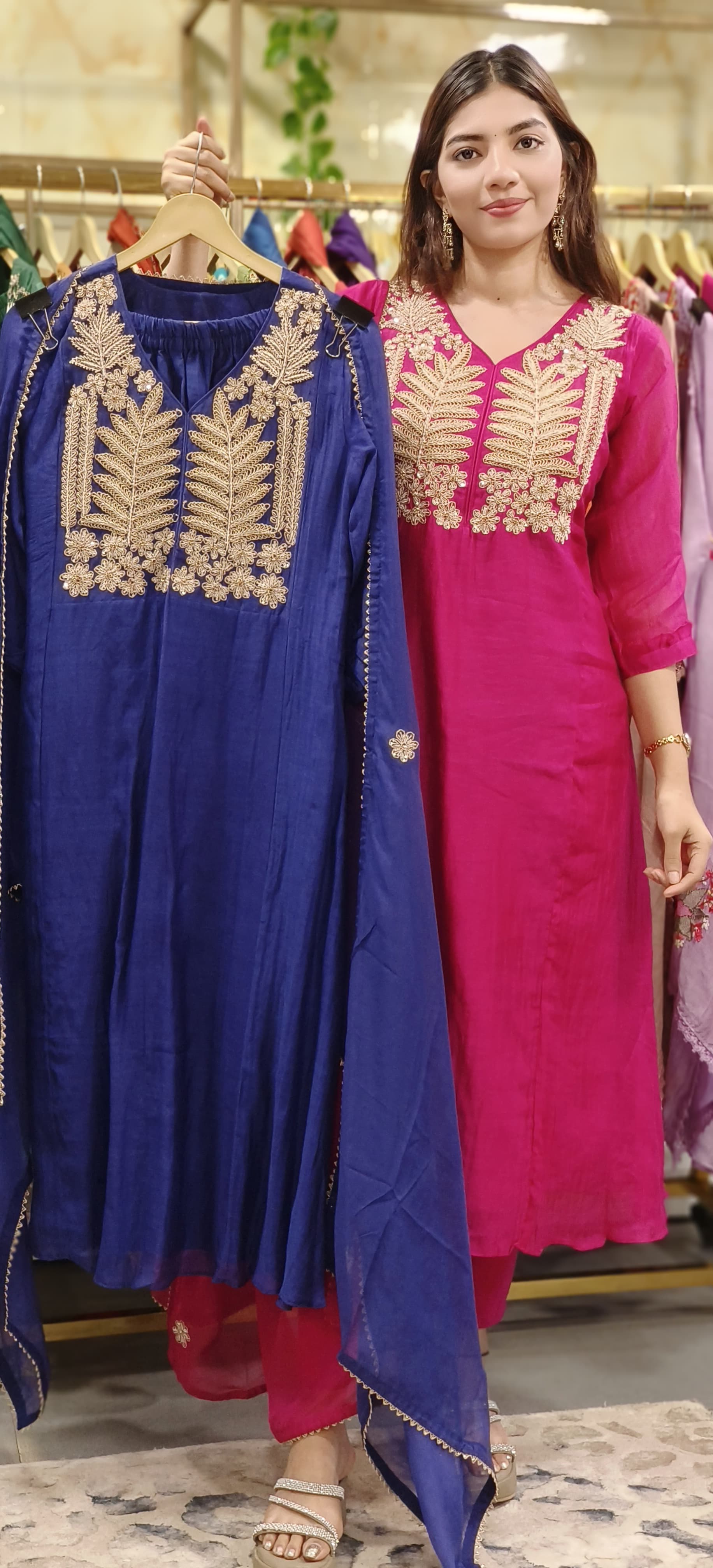 Zari Embroidery Work A-Line Full Suit Set With Dupatta In Mul Chanderi Fabric