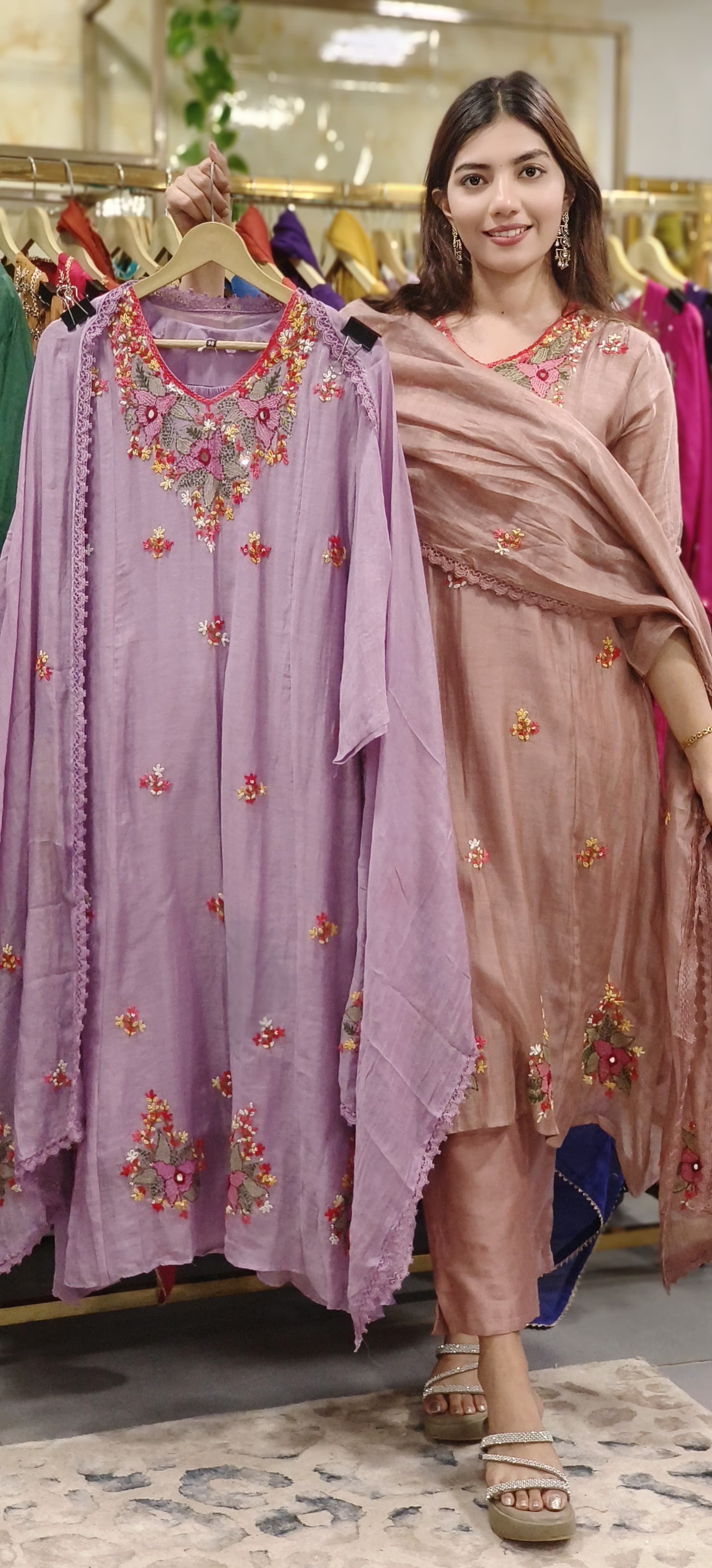 Light Shade Katha Stitch Thread Work Mul Chanderi Full Suit Set With Dupatta